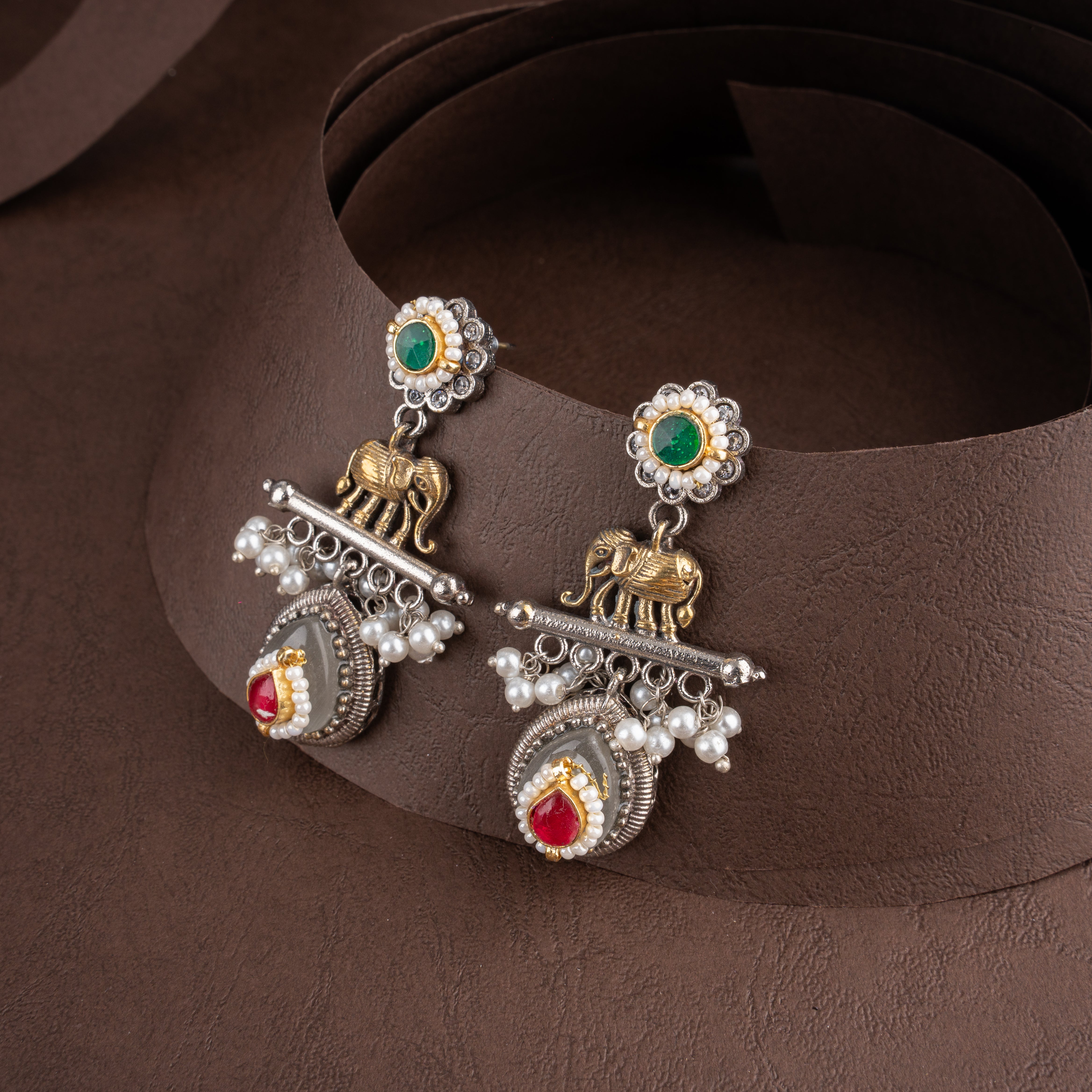 Royal Shrinathji Elephant Motif Oxidised Hasli Necklace with Pearl Tassels