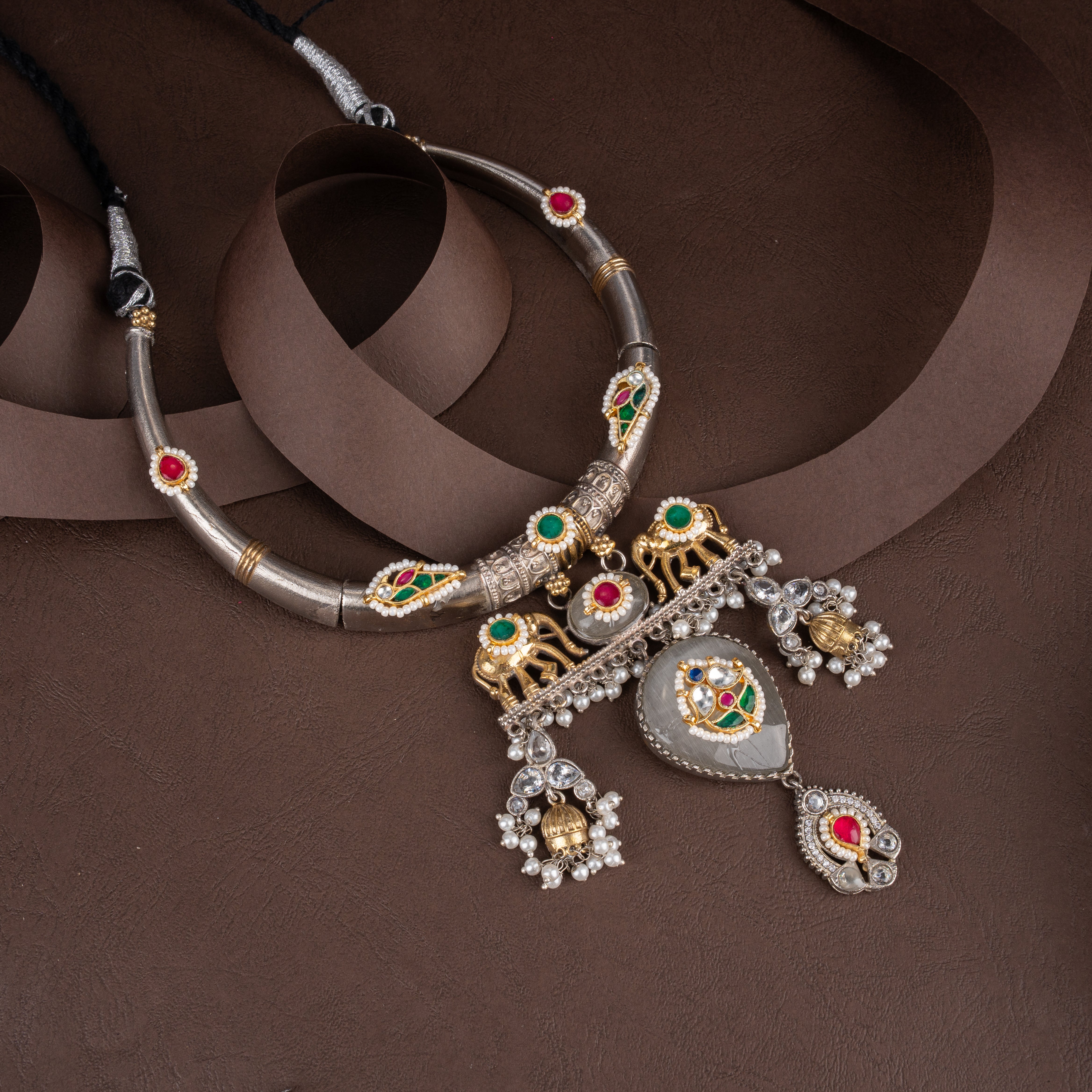 Royal Shrinathji Elephant Motif Oxidised Hasli Necklace with Pearl Tassels