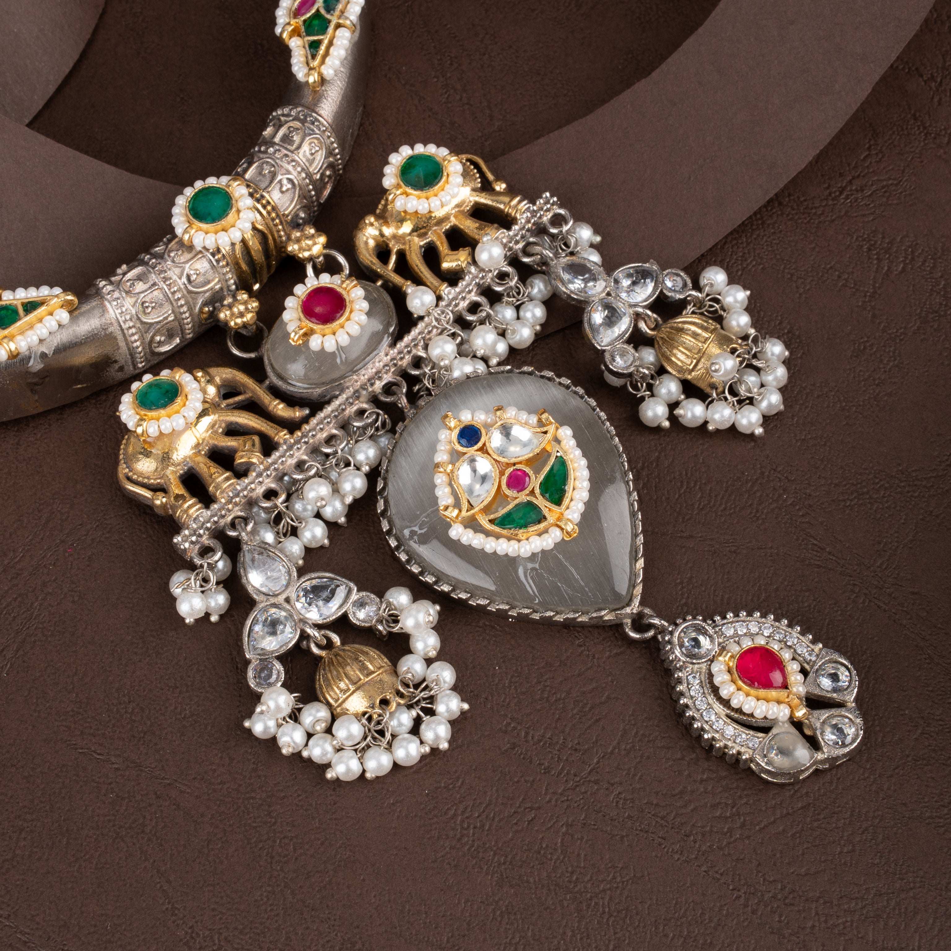 Royal Shrinathji Elephant Motif Oxidised Hasli Necklace with Pearl Tassels
