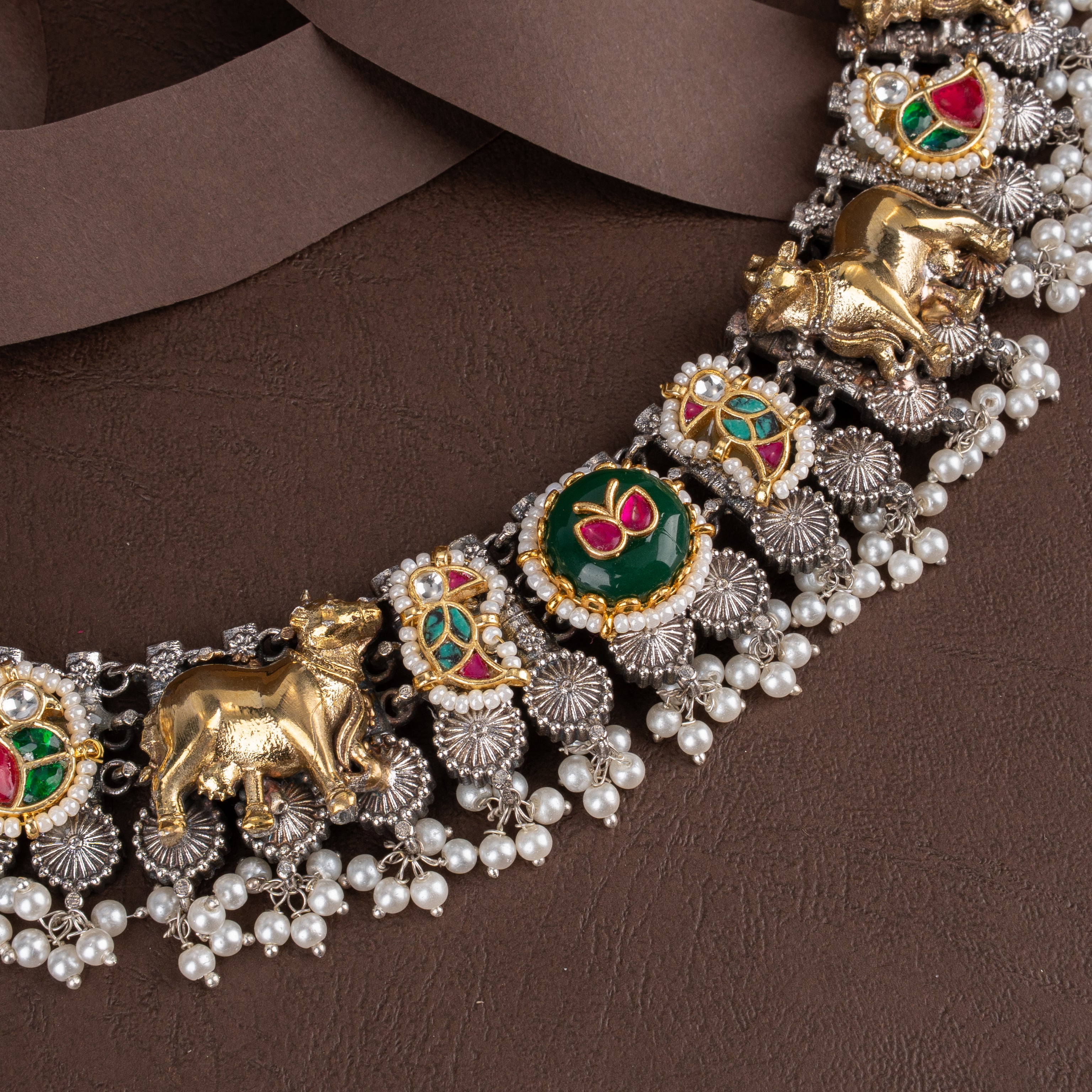 Imperial Kamadhenu Heritage Collar Choker Set with Bell Jhumkis