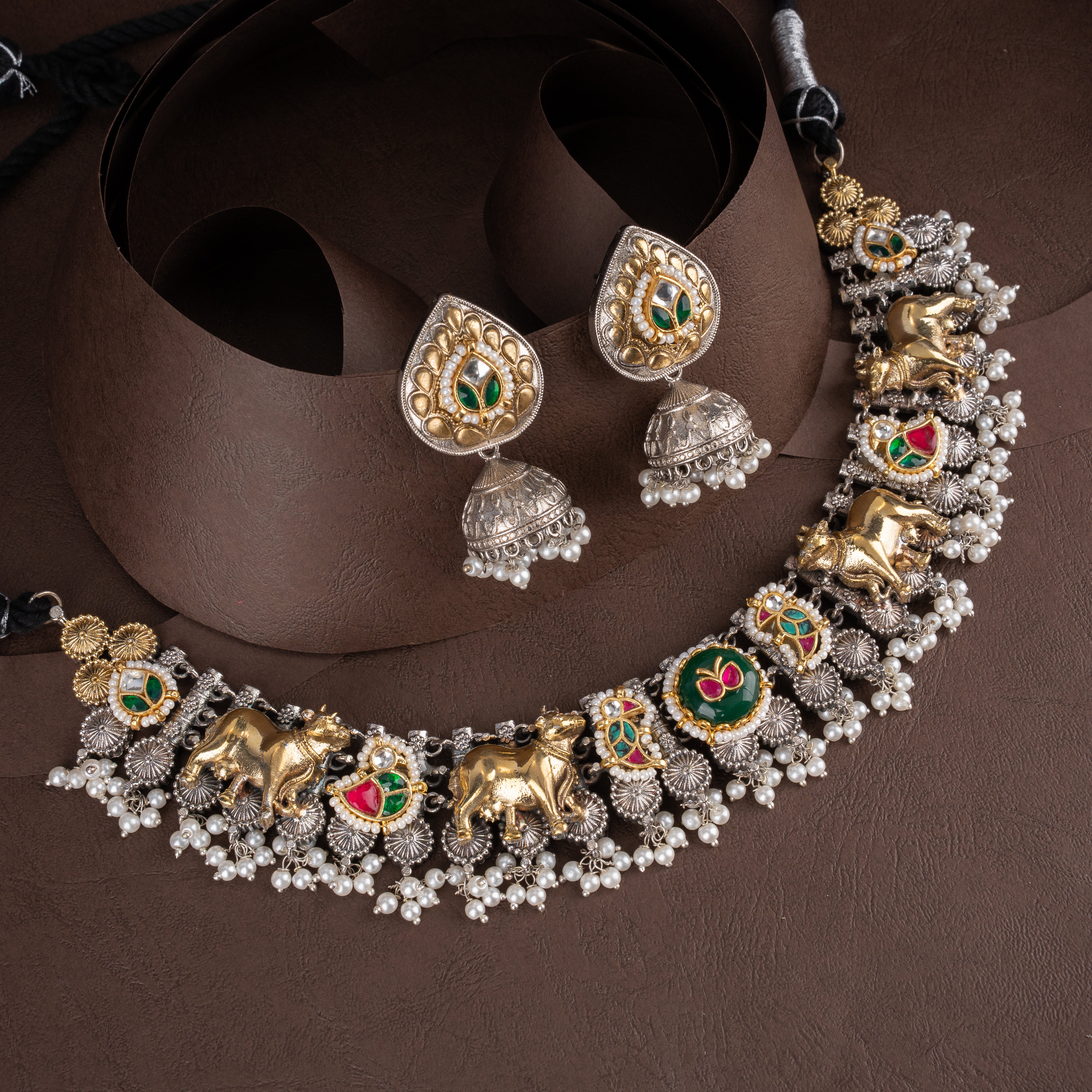 Imperial Kamadhenu Heritage Collar Choker Set with Bell Jhumkis