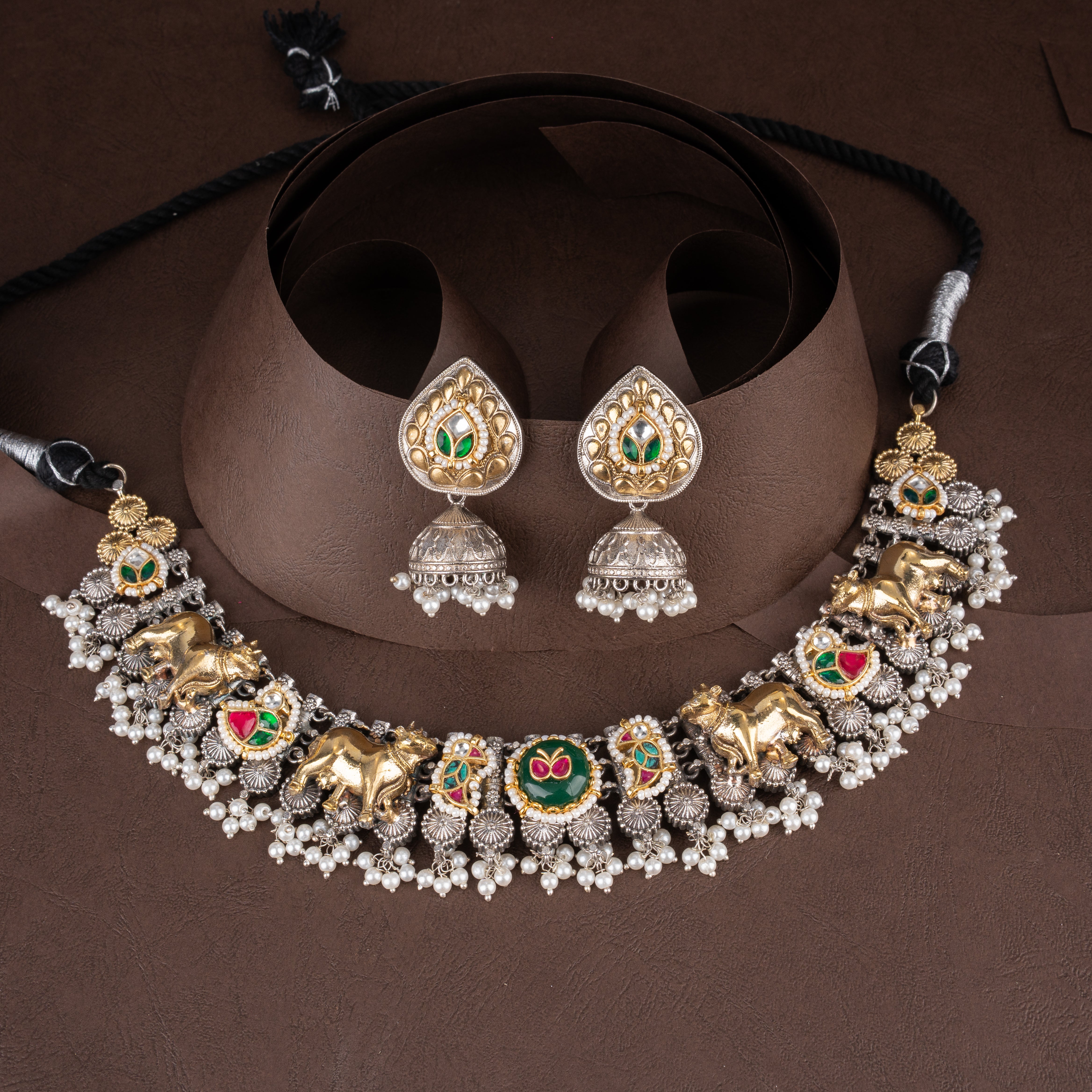Imperial Kamadhenu Heritage Collar Choker Set with Bell Jhumkis