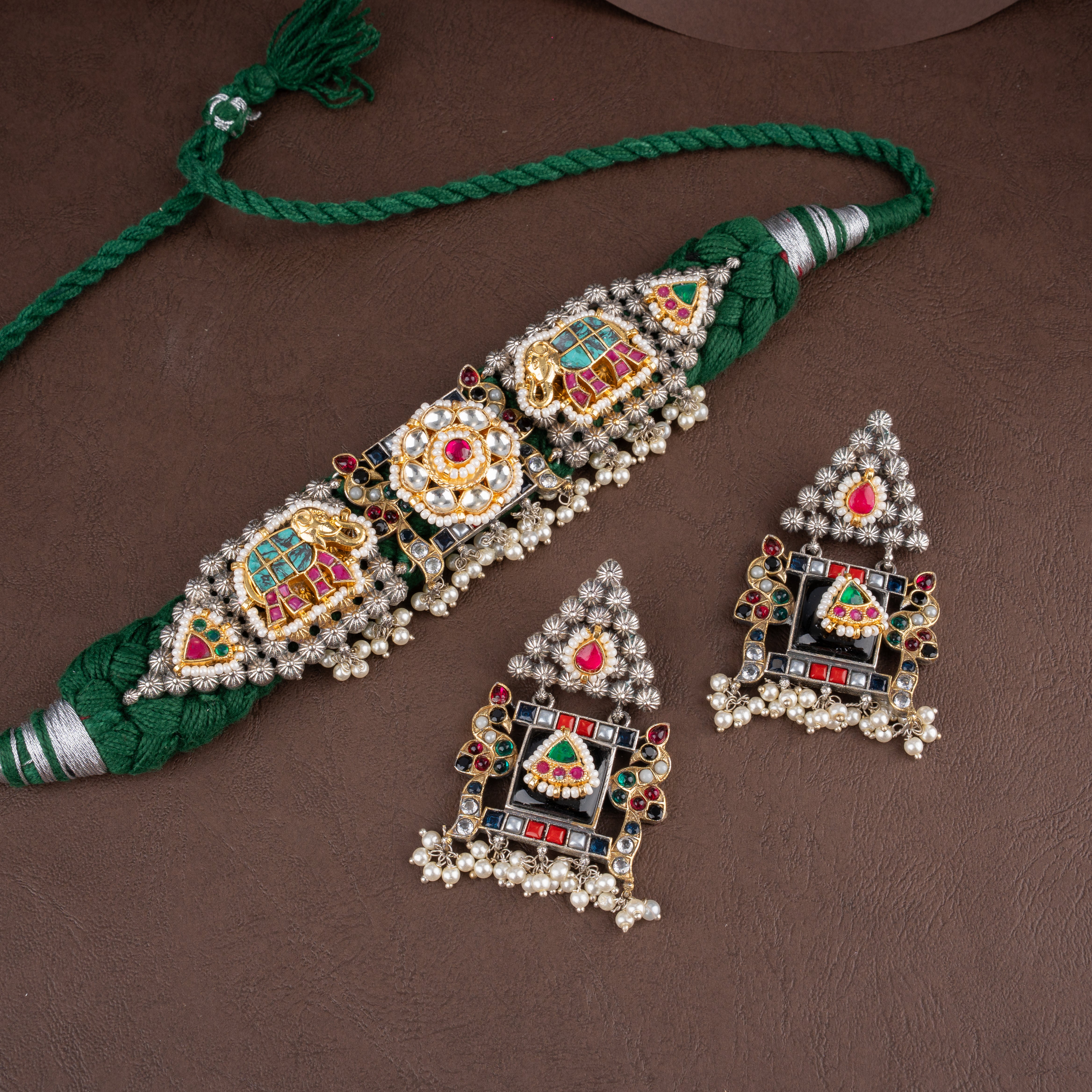 Dual-Tone Oxidised Silver Elephant Motif Fabric Choker Necklace Set with Pearl Drops