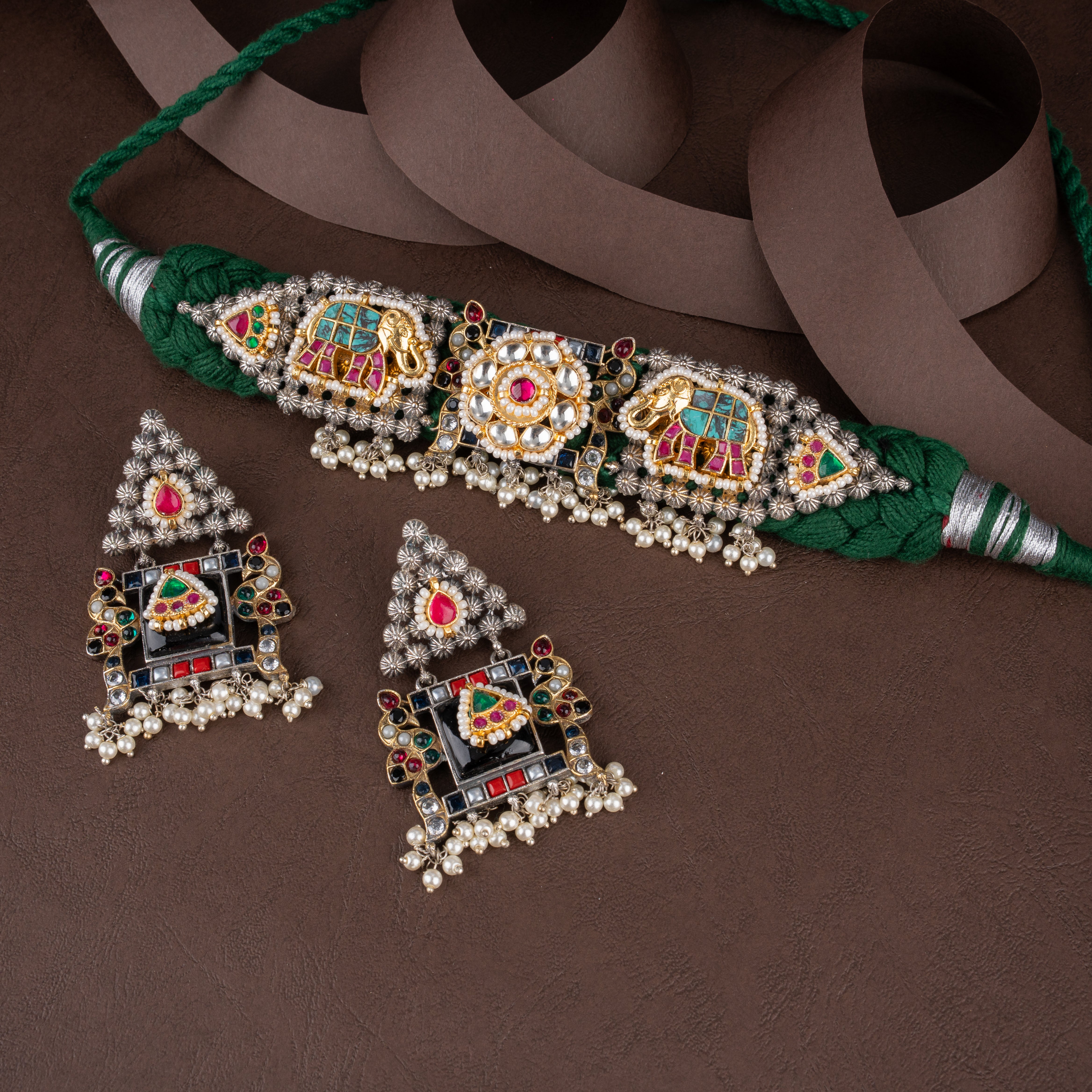 Dual-Tone Oxidised Silver Elephant Motif Fabric Choker Necklace Set with Pearl Drops