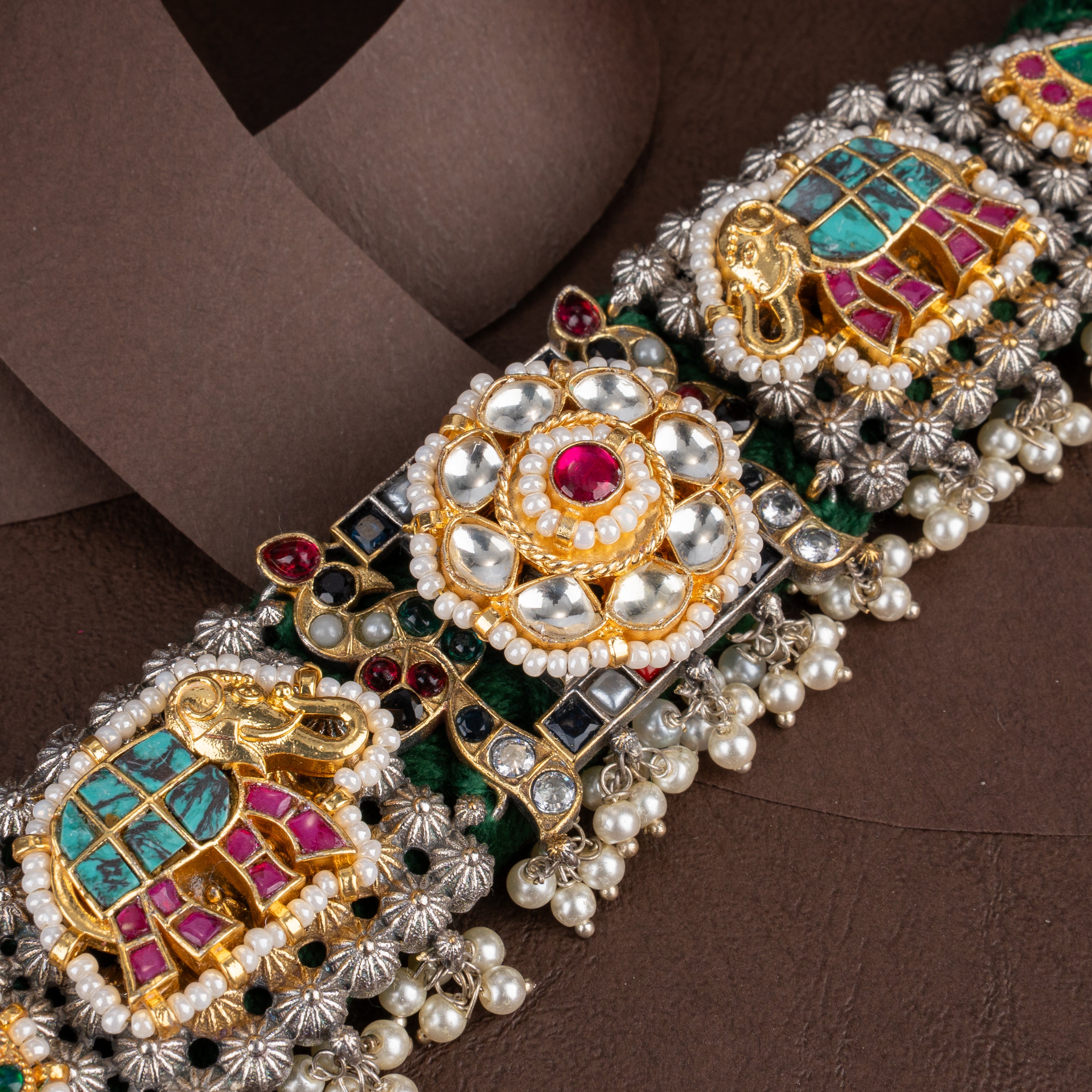 Dual-Tone Oxidised Silver Elephant Motif Fabric Choker Necklace Set with Pearl Drops