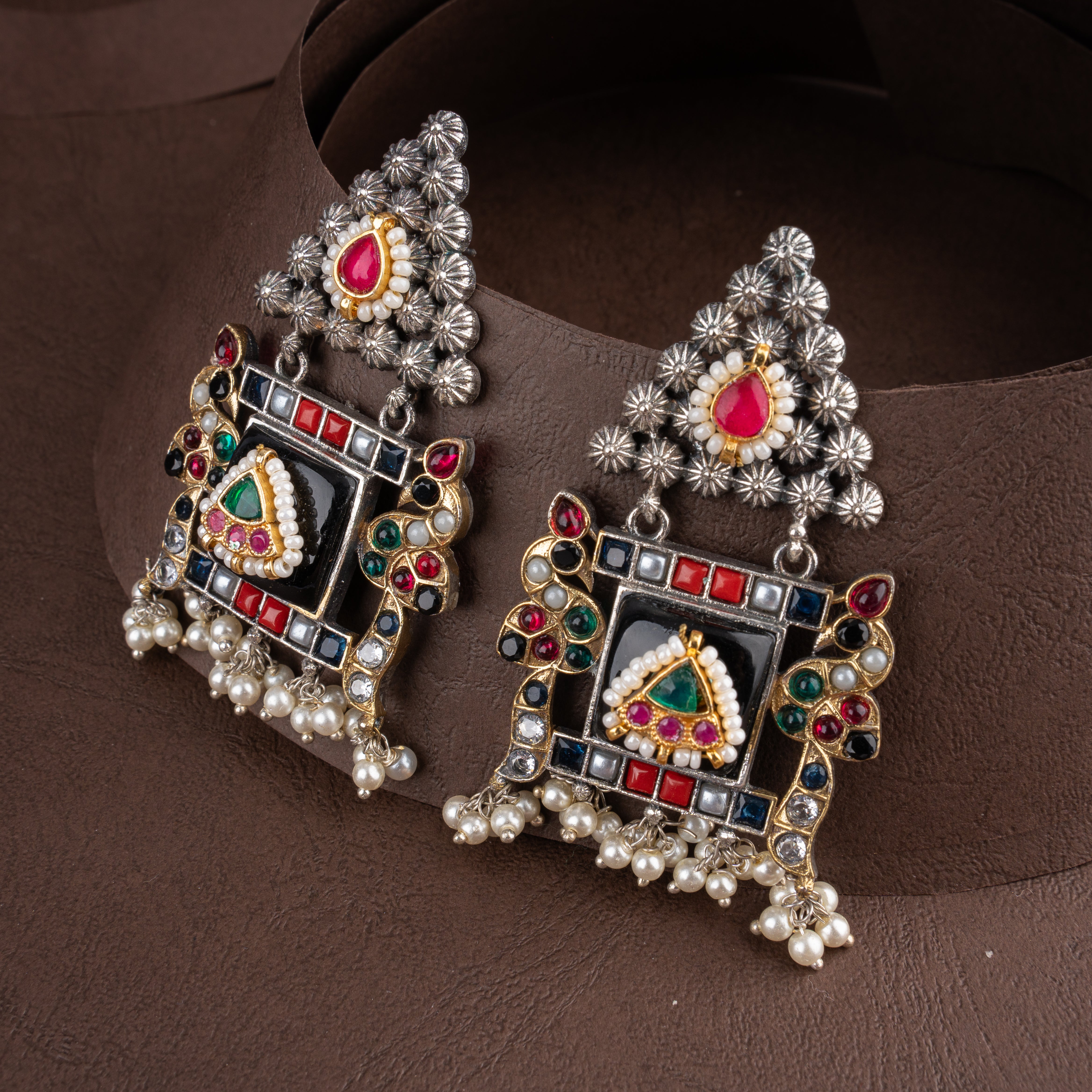 Dual-Tone Oxidised Silver Elephant Motif Fabric Choker Necklace Set with Pearl Drops