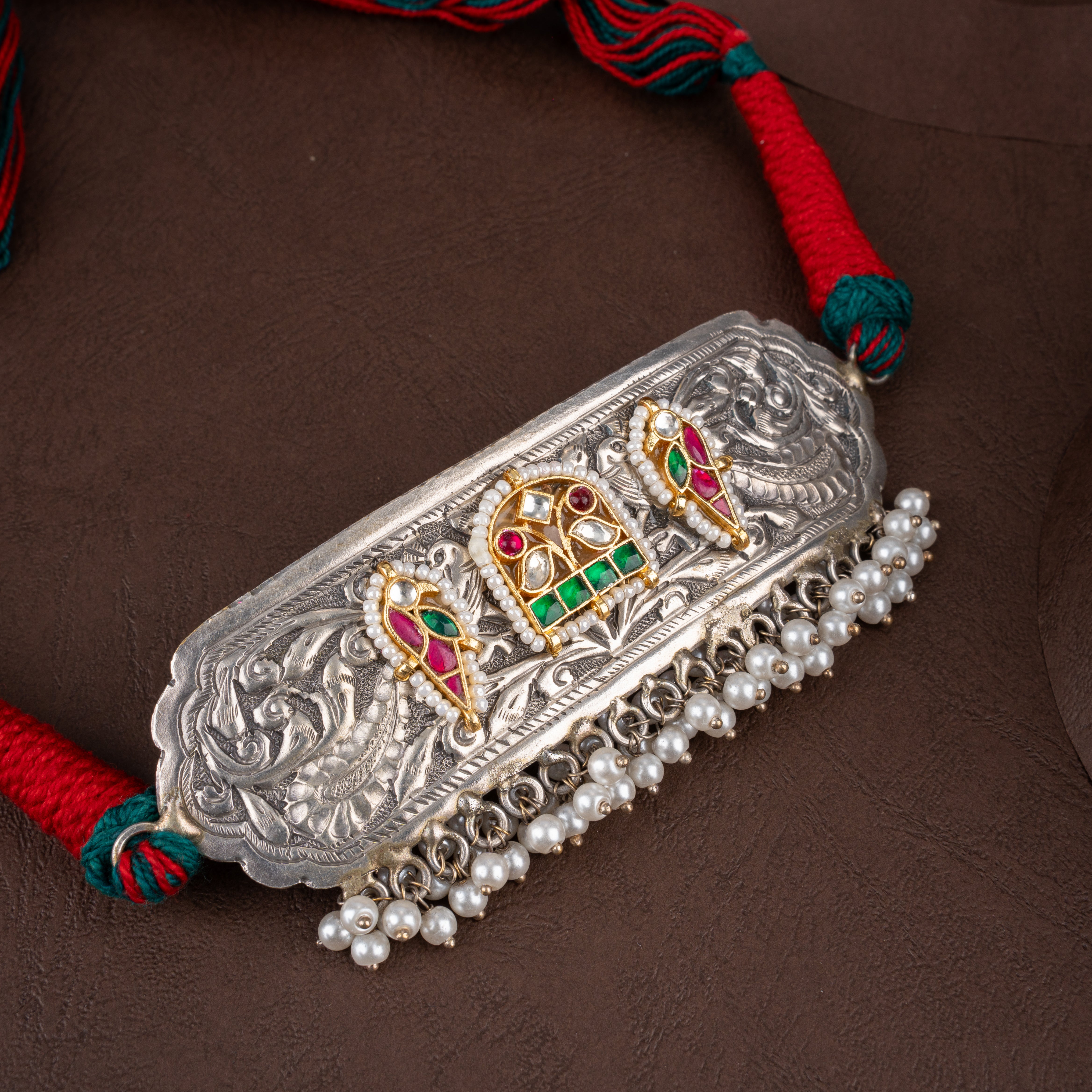 Artisanal Kutch Hand-Embossed Plaque Choker Necklace Set with Honeycomb Studs