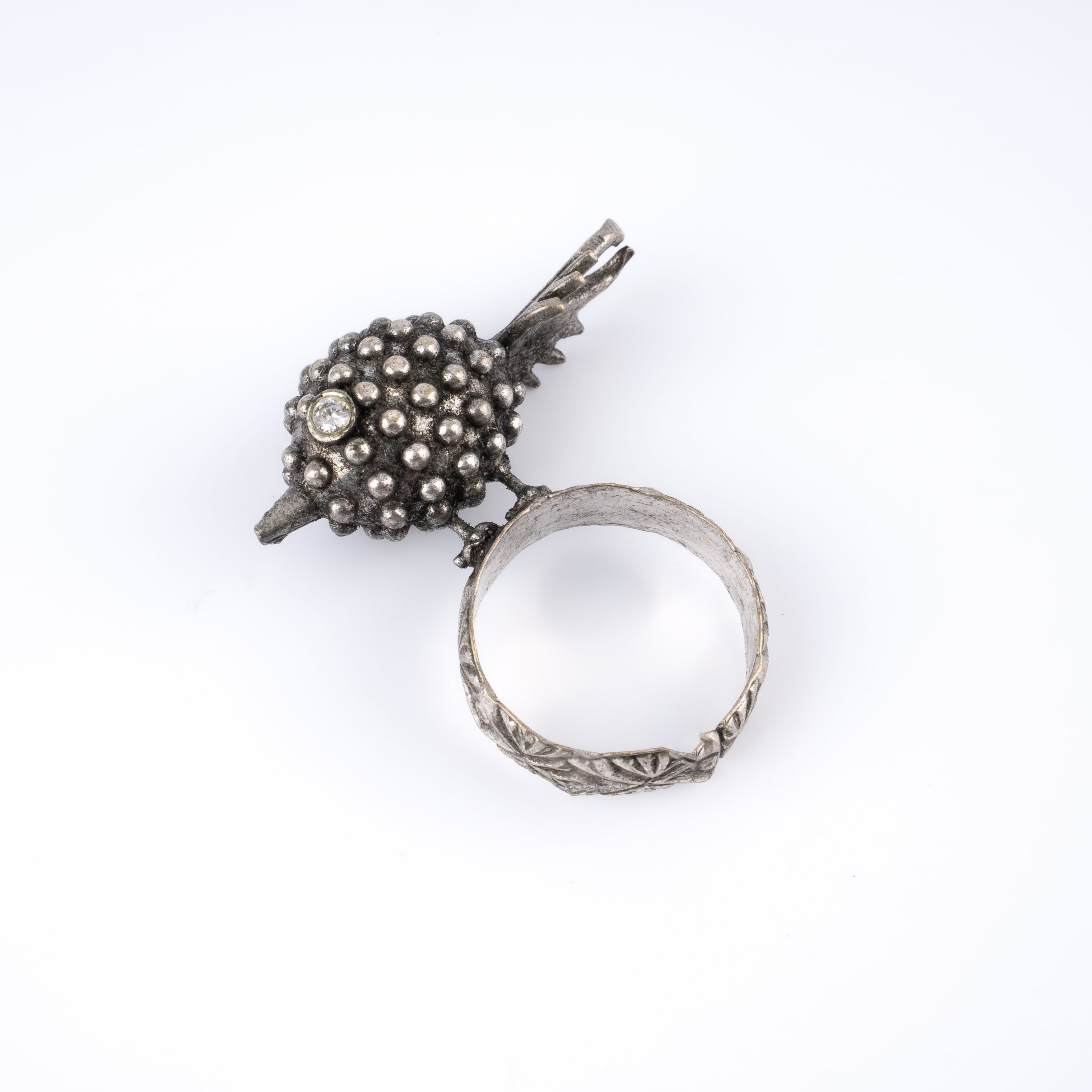 Oxidised Silver Textured Bird Sparrow Statement Ring