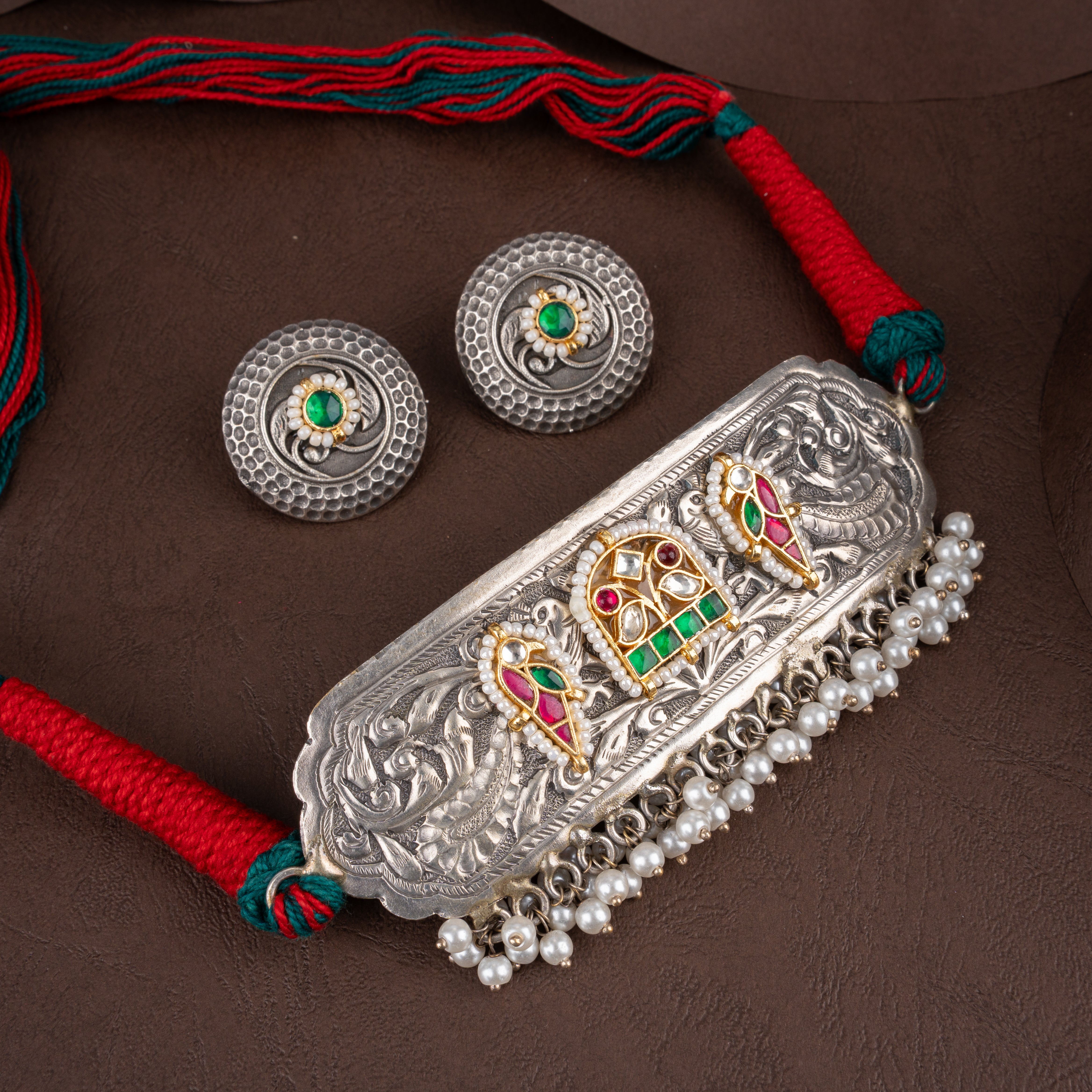 Artisanal Kutch Hand-Embossed Plaque Choker Necklace Set with Honeycomb Studs