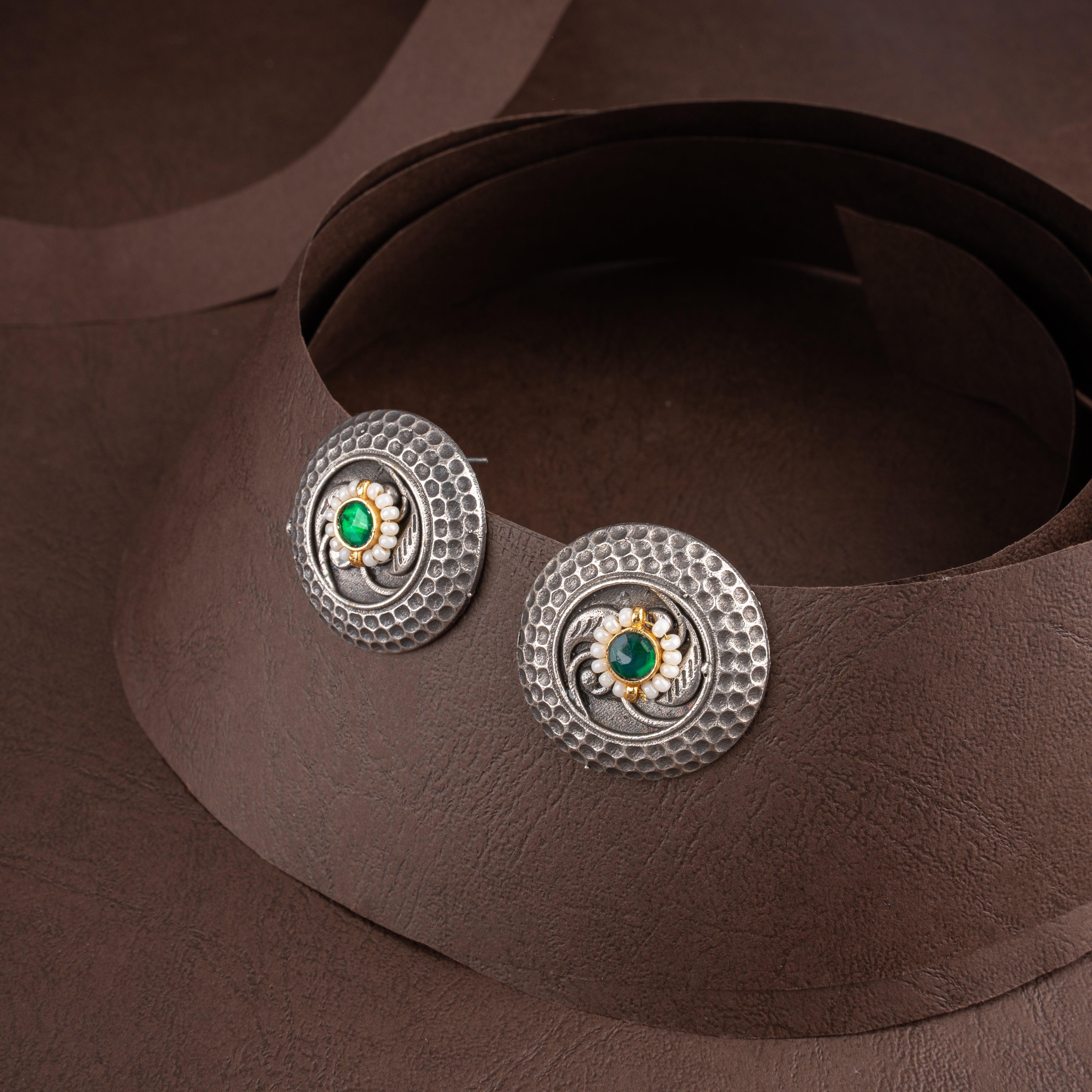 Artisanal Kutch Hand-Embossed Plaque Choker Necklace Set with Honeycomb Studs