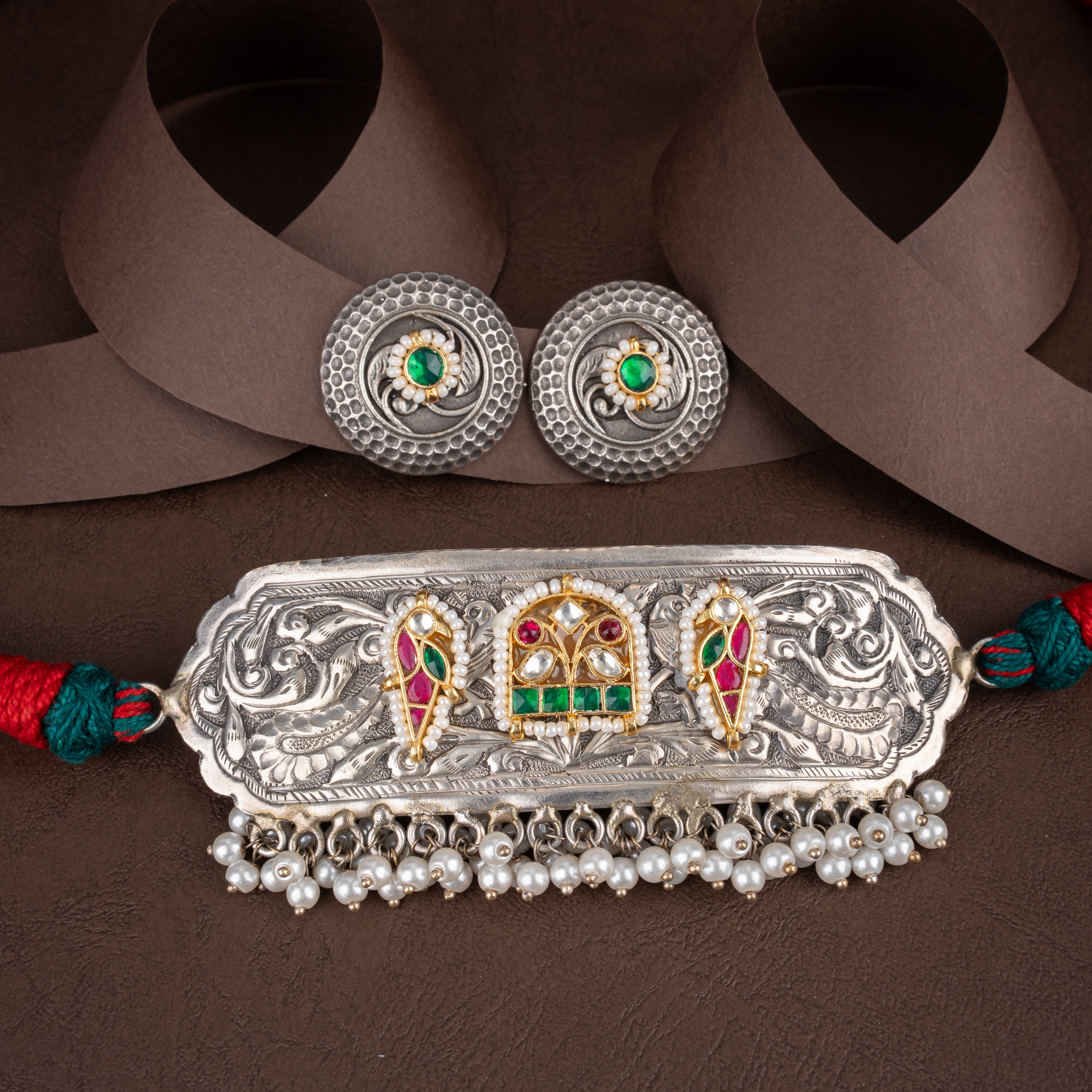 Artisanal Kutch Hand-Embossed Plaque Choker Necklace Set with Honeycomb Studs