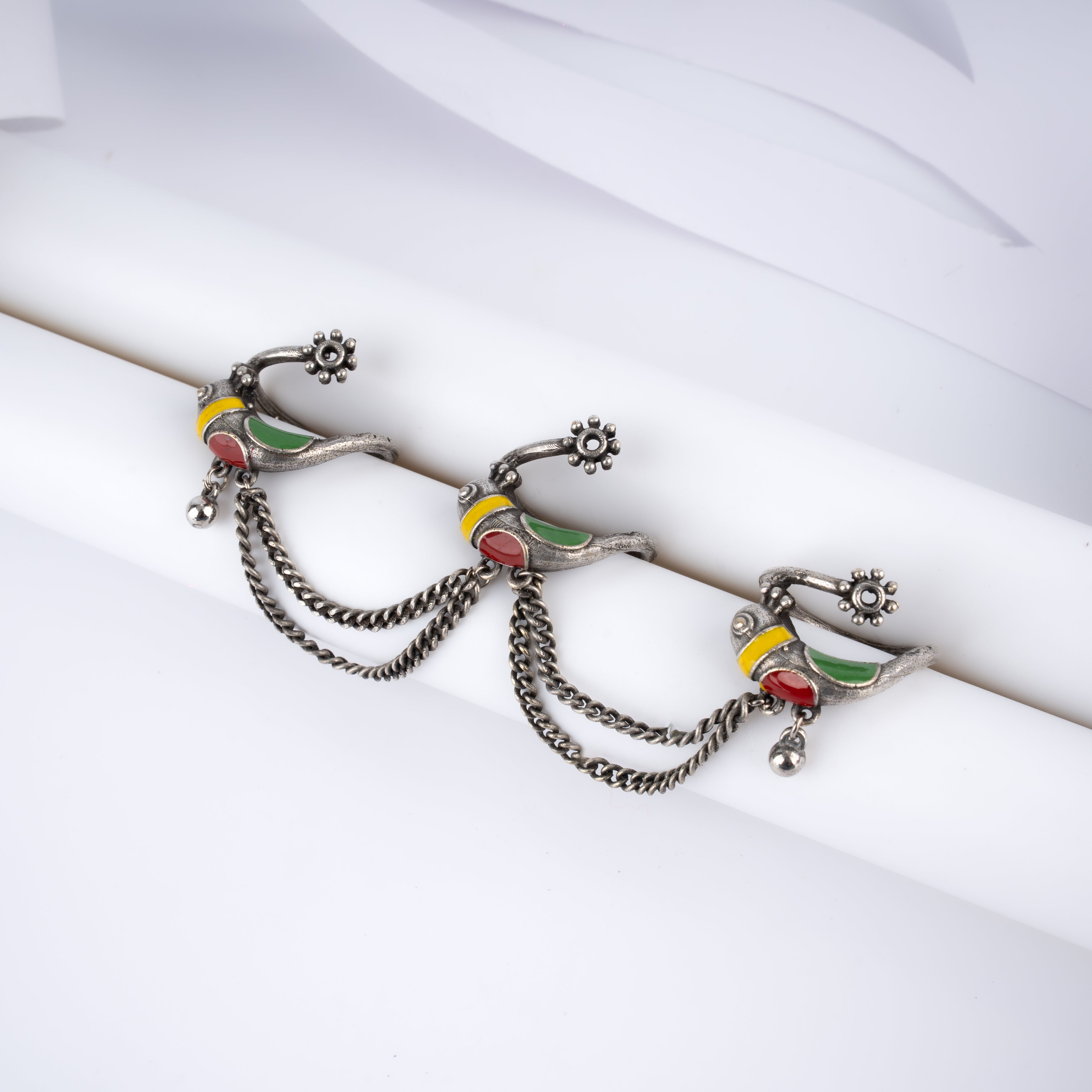 Oxidised Silver Bird Meenakari Three Finger Chain Ring