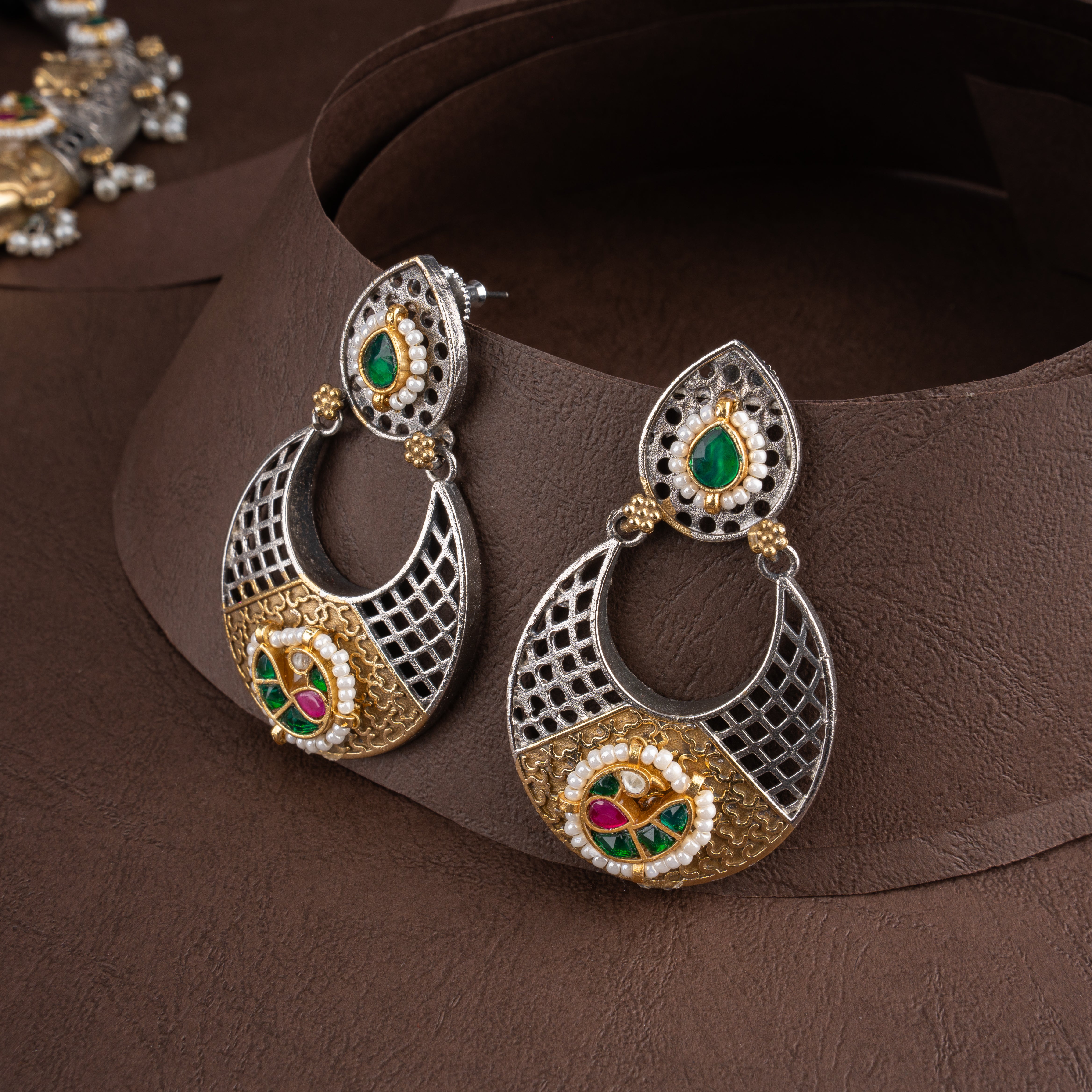Dual-Tone Oxidised Silver Elephant & Peacock Crescent Hasli Necklace Set with Drop Earrings