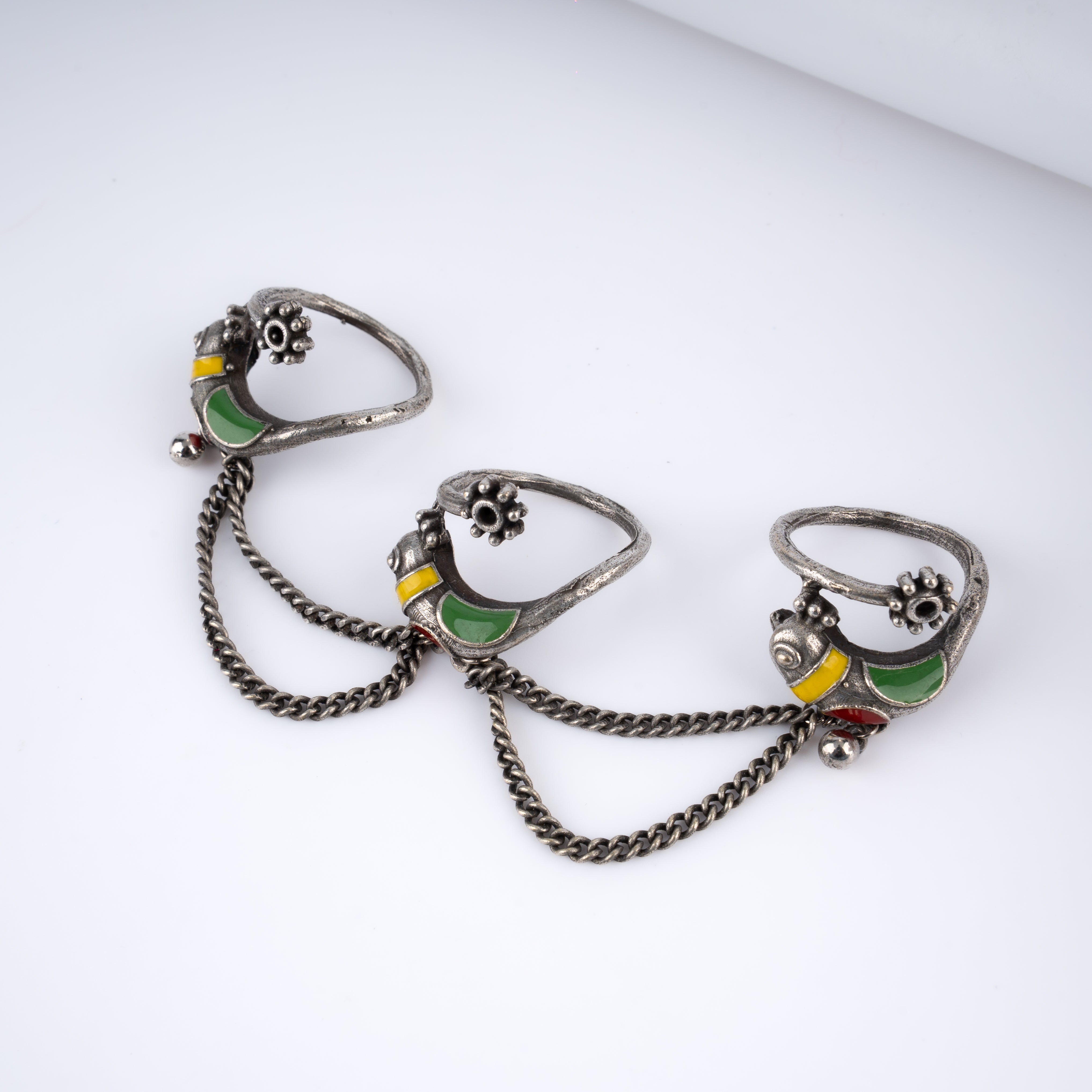 Oxidised Silver Bird Meenakari Three Finger Chain Ring
