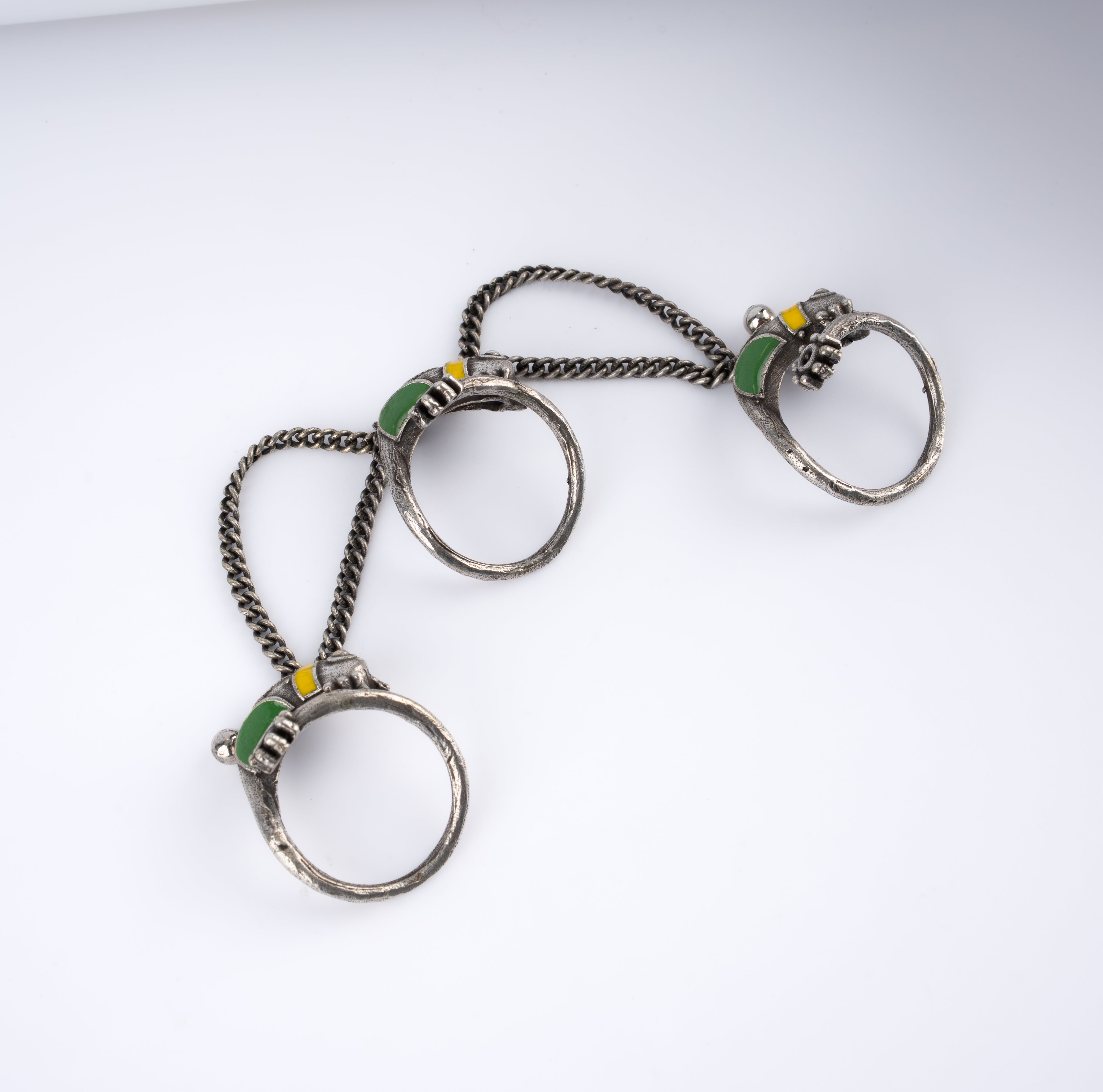Oxidised Silver Bird Meenakari Three Finger Chain Ring