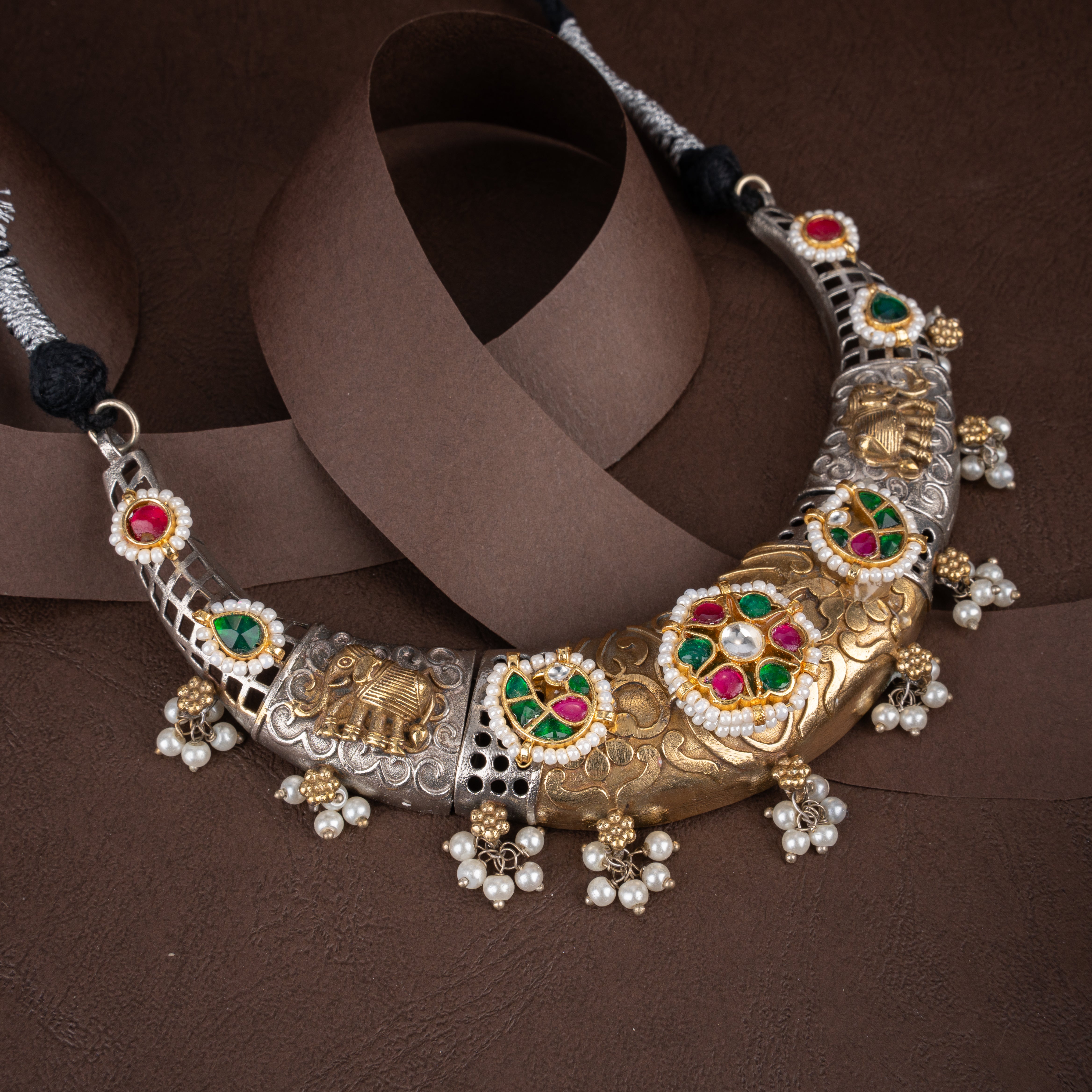 Dual-Tone Oxidised Silver Elephant & Peacock Crescent Hasli Necklace Set with Drop Earrings