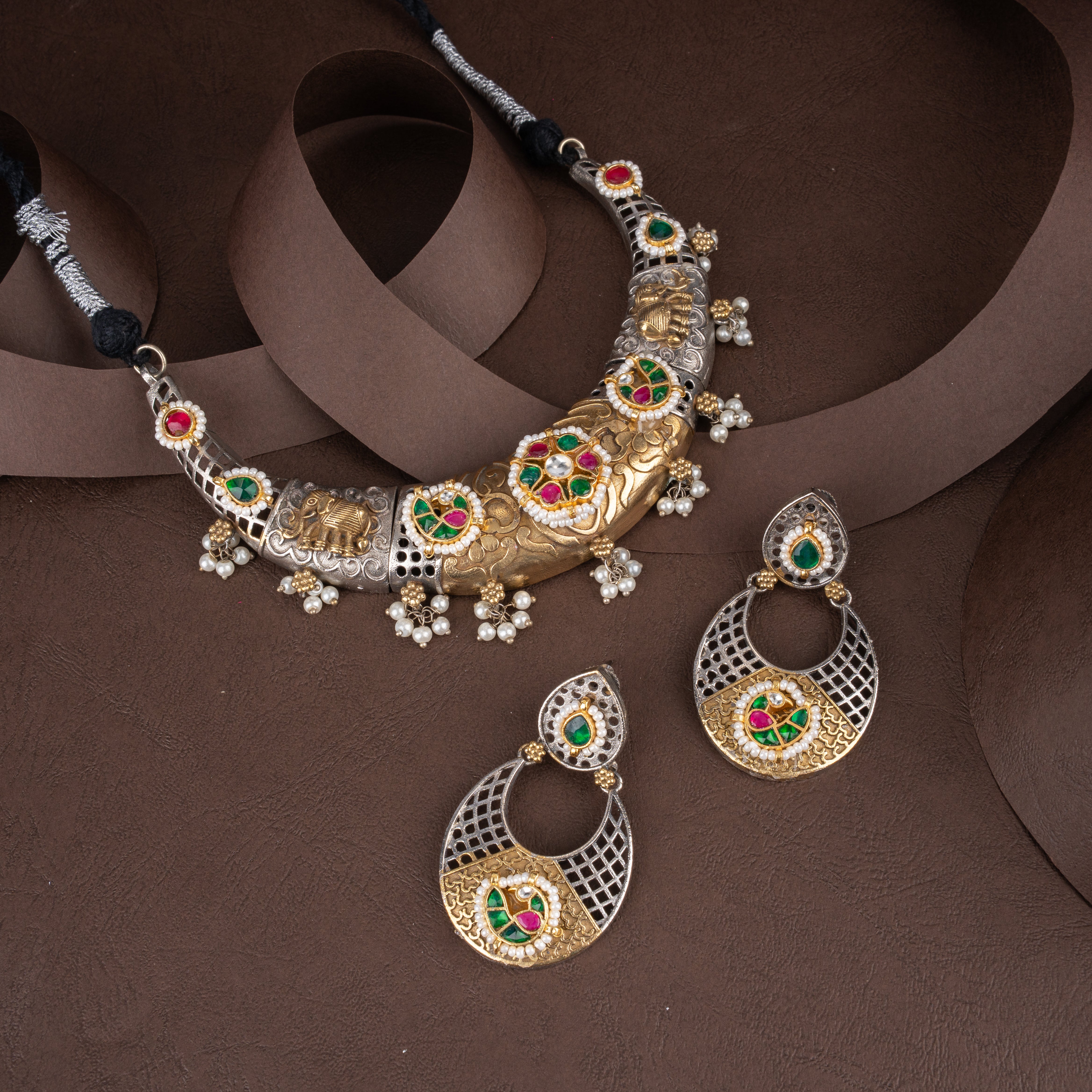 Dual-Tone Oxidised Silver Elephant & Peacock Crescent Hasli Necklace Set with Drop Earrings