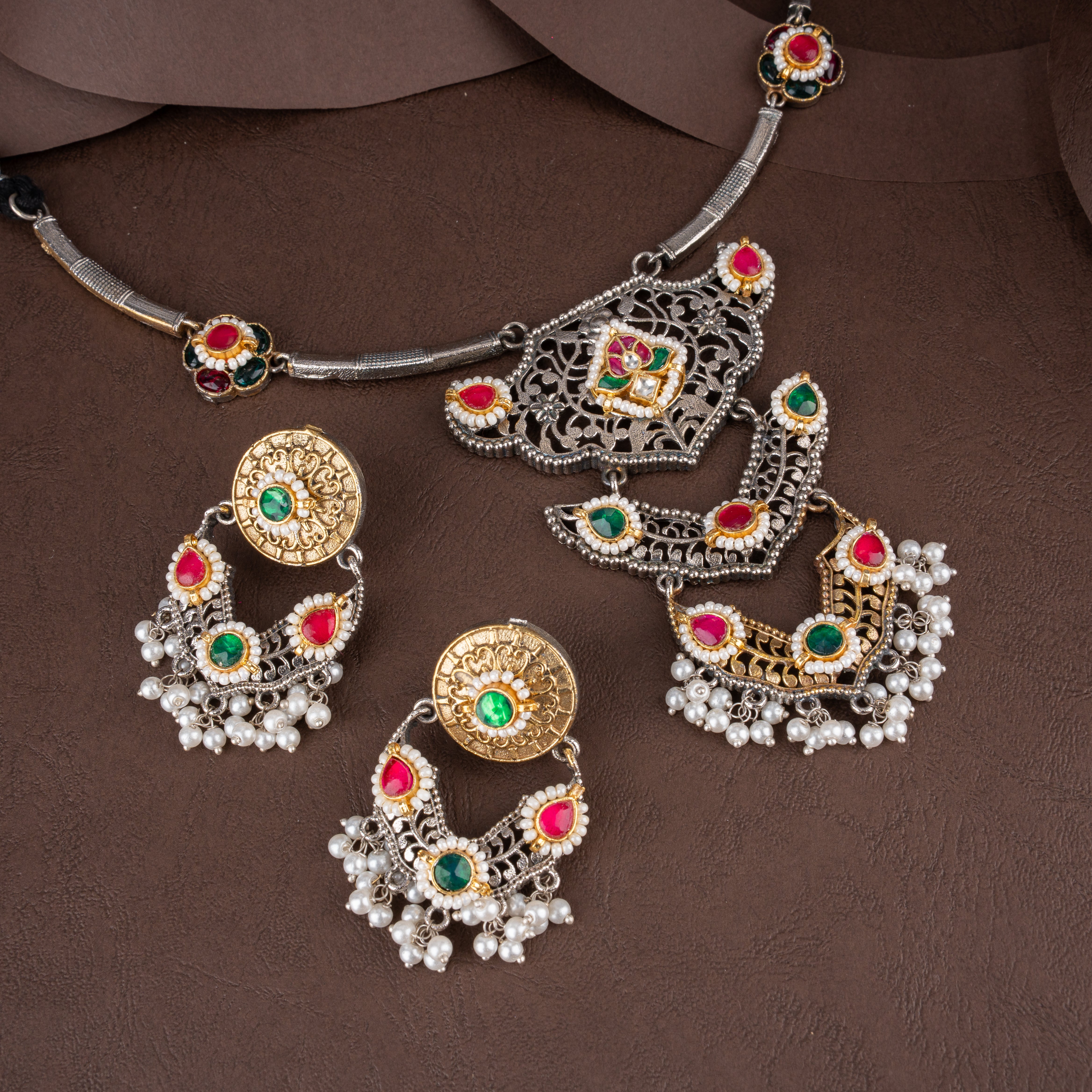 Dual-Tone Oxidised Silver Filigree Tiered Pendant Necklace Set with Pearl Drops