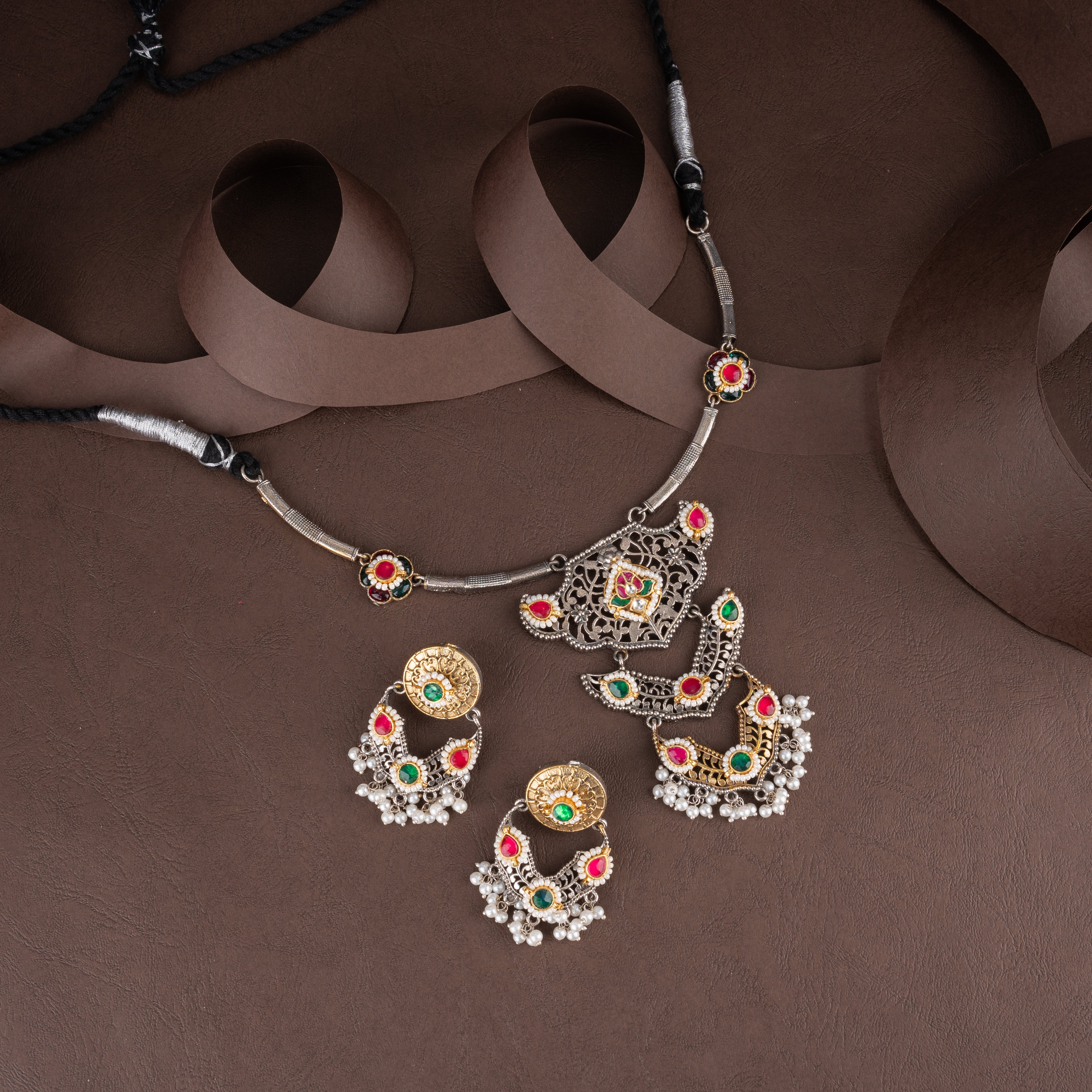 Dual-Tone Oxidised Silver Filigree Tiered Pendant Necklace Set with Pearl Drops