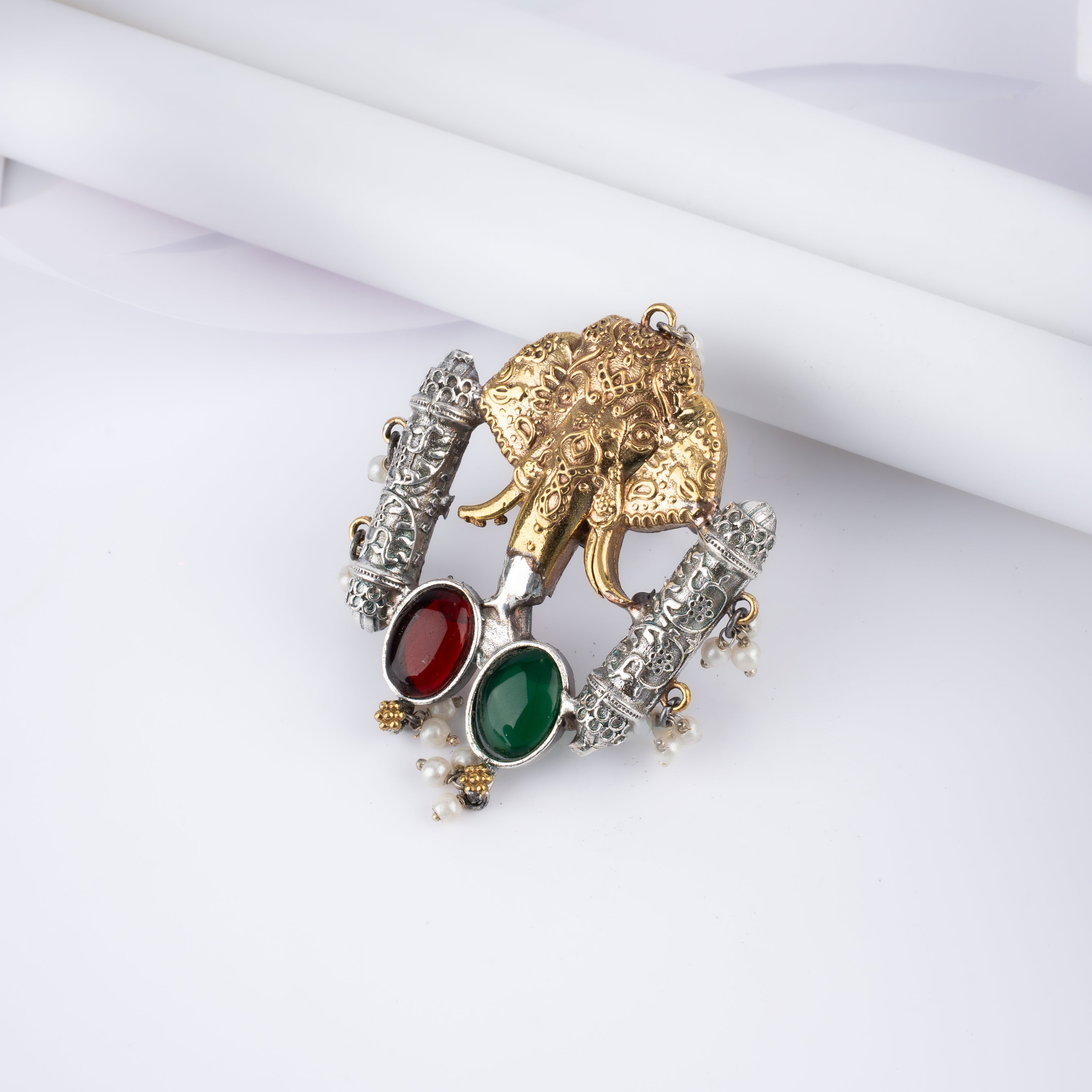Dual Tone Royal Elephant Temple Pillar Statement Ring