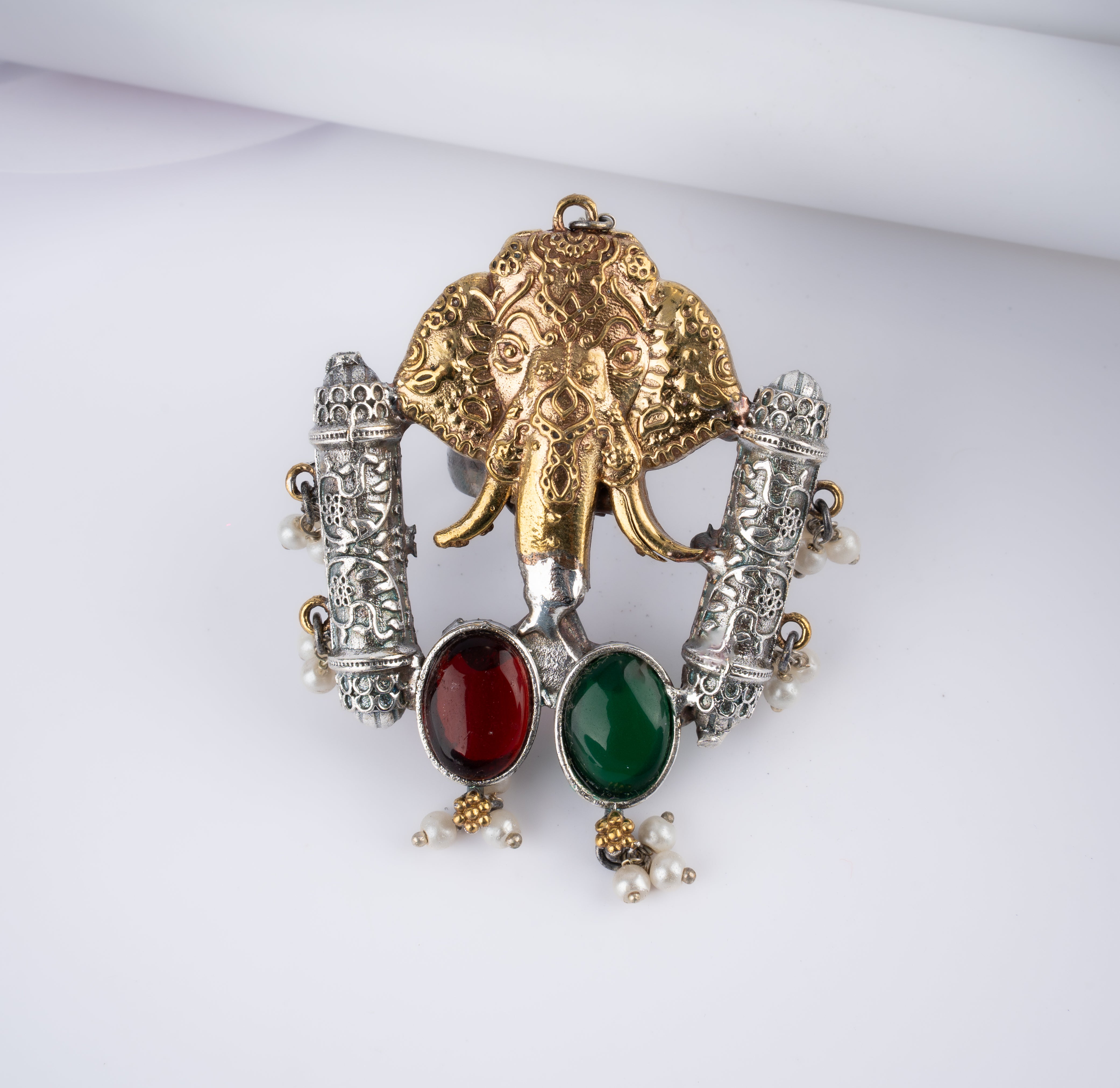 Dual Tone Royal Elephant Temple Pillar Statement Ring