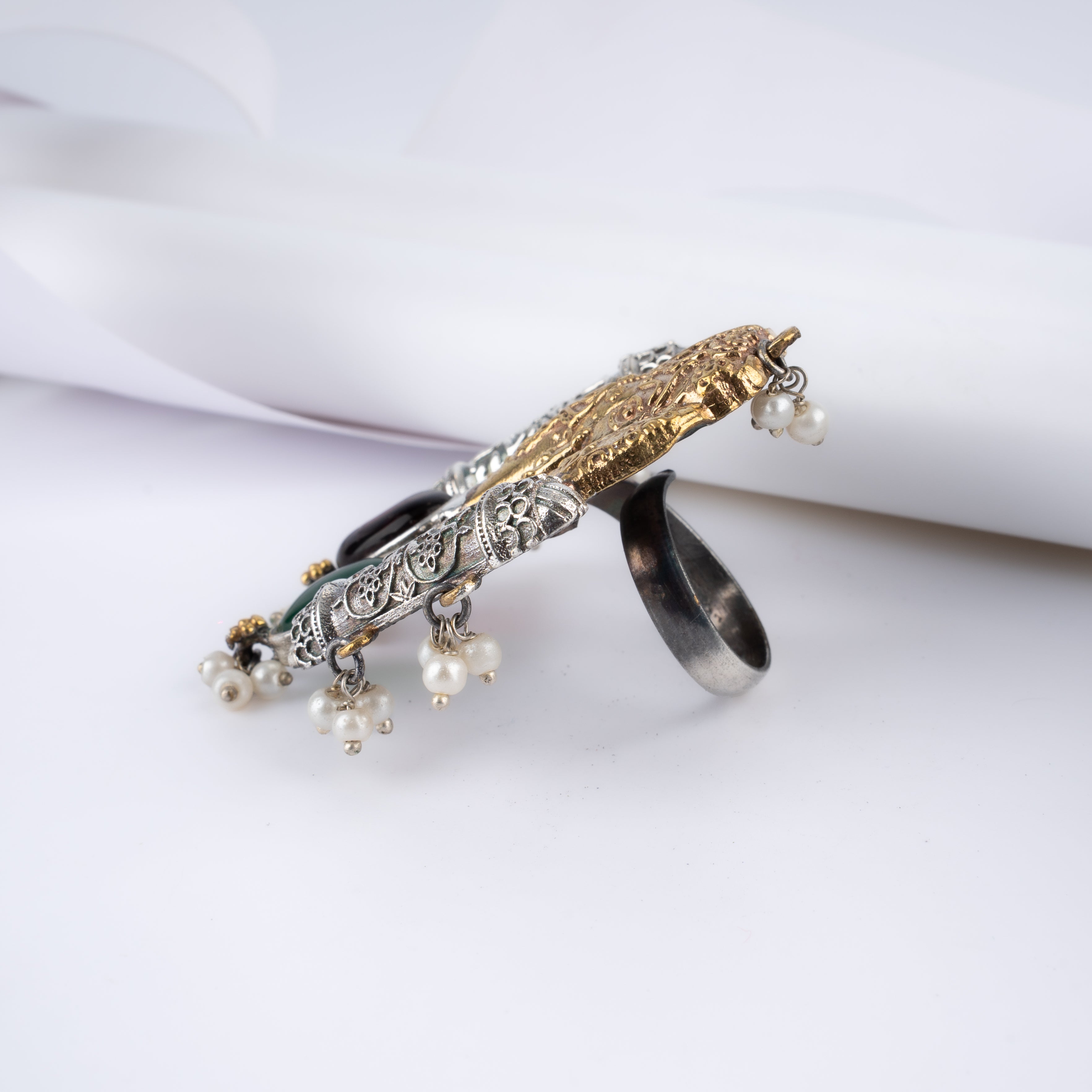Dual Tone Royal Elephant Temple Pillar Statement Ring