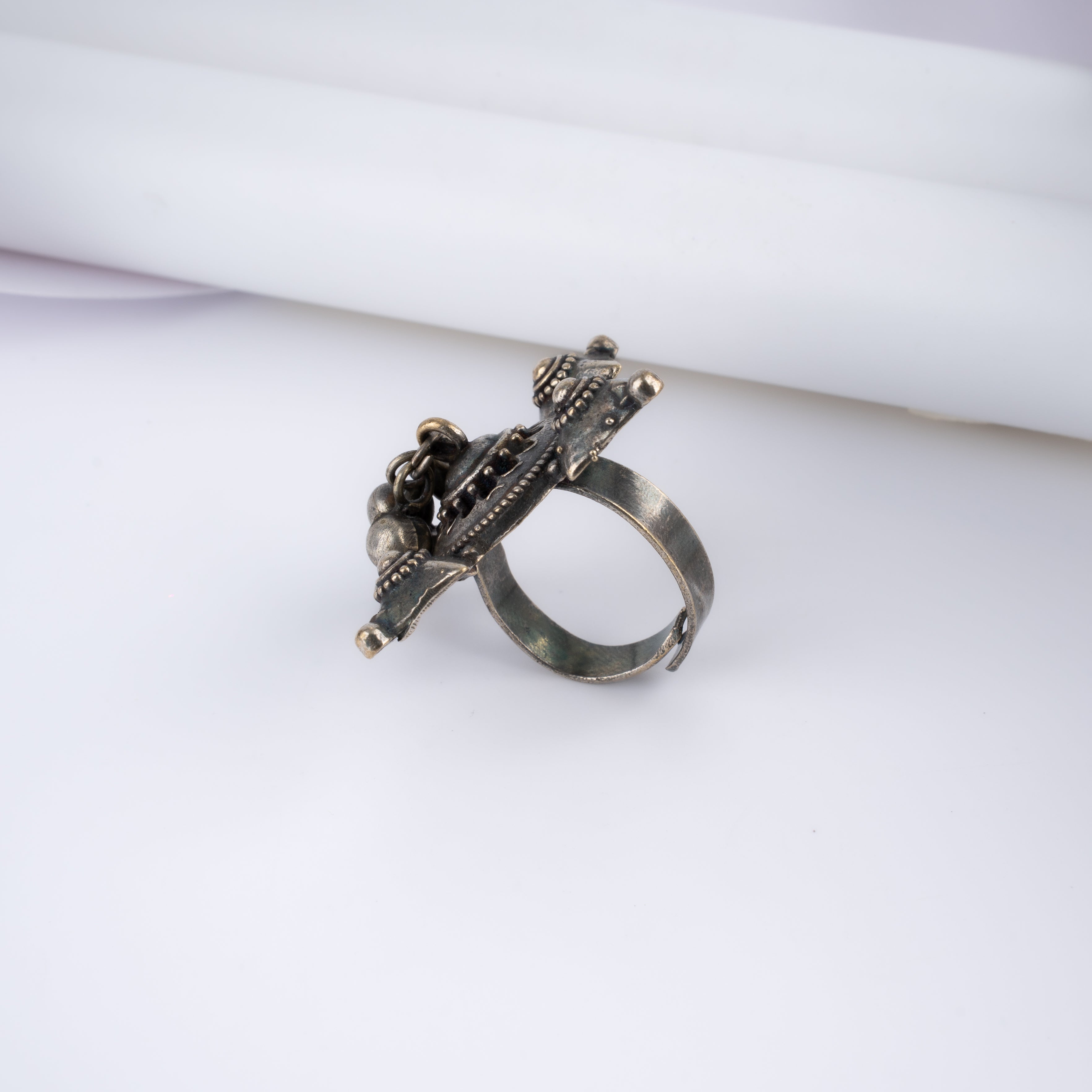 Oxidised Silver Four Point Star Ghungroo Statement Ring