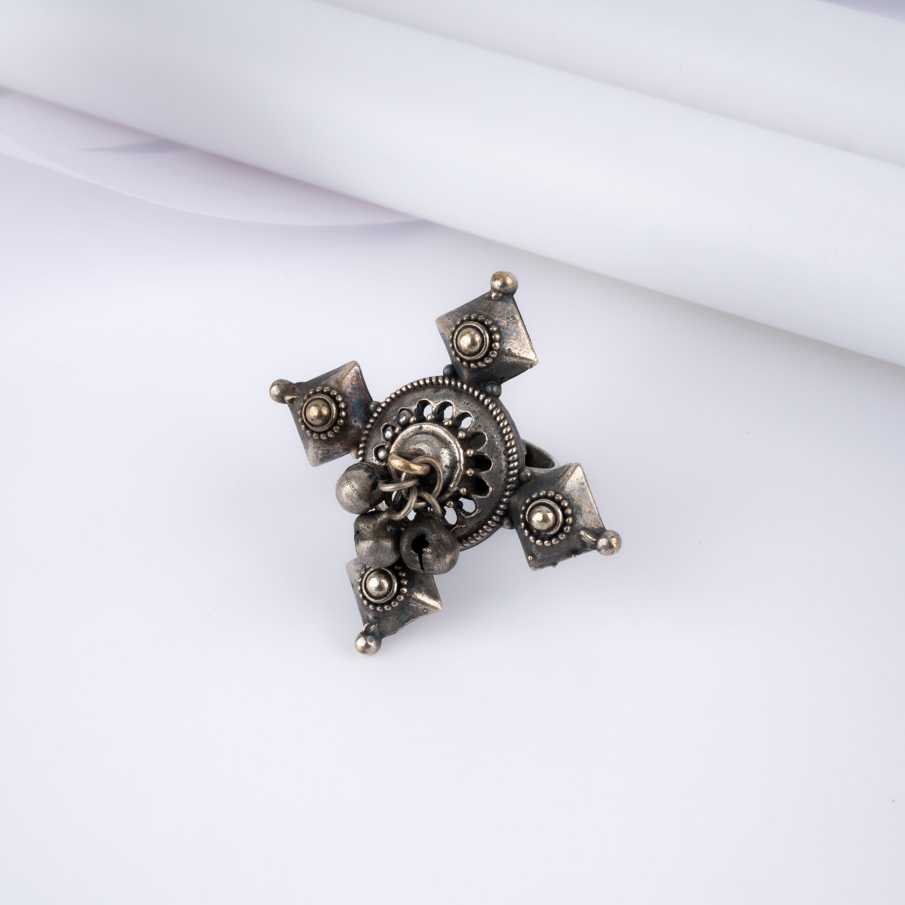 Oxidised Silver Four Point Star Ghungroo Statement Ring