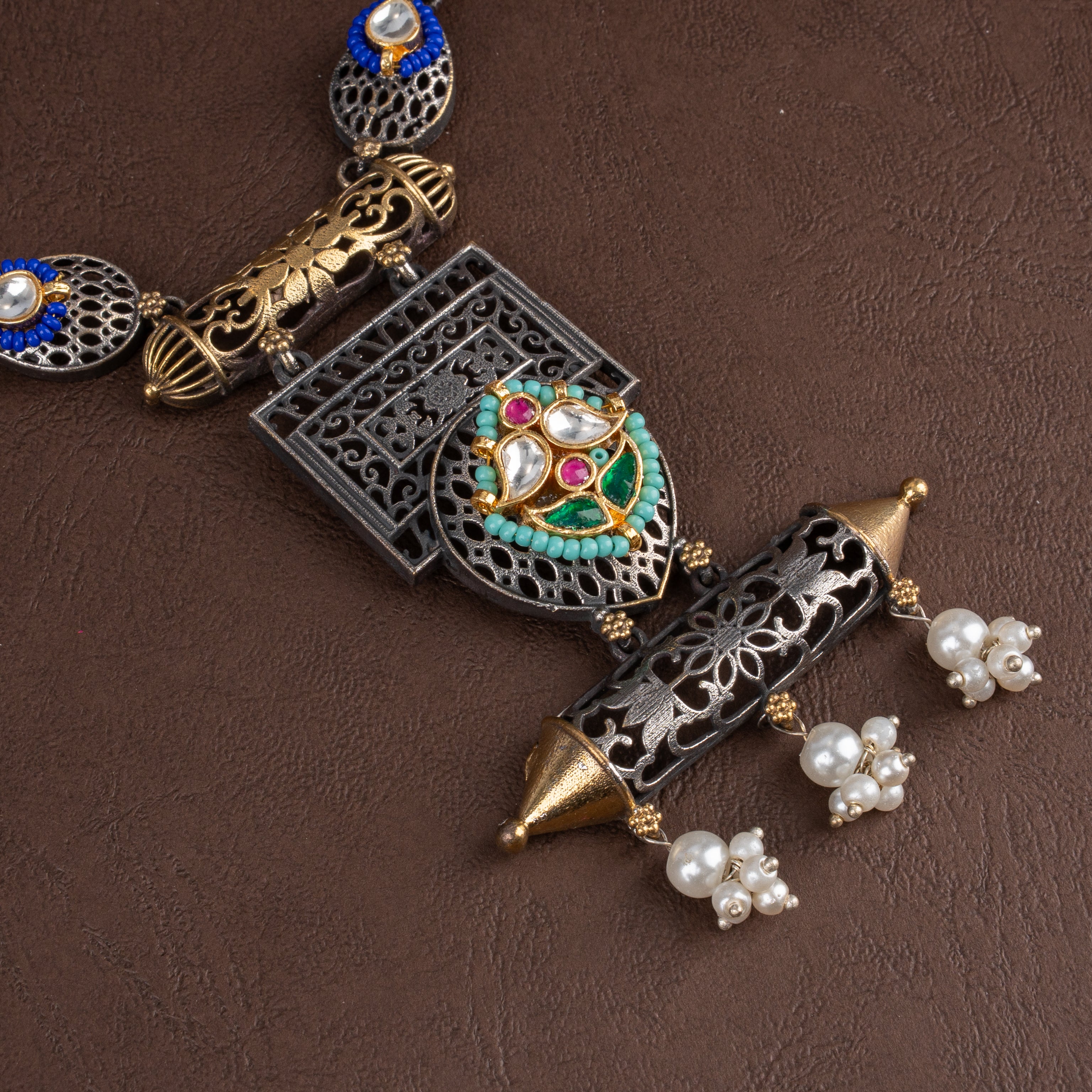 Handcrafted Shekhawati Filigree Cylinder Pendant Necklace Set with Drop Earrings