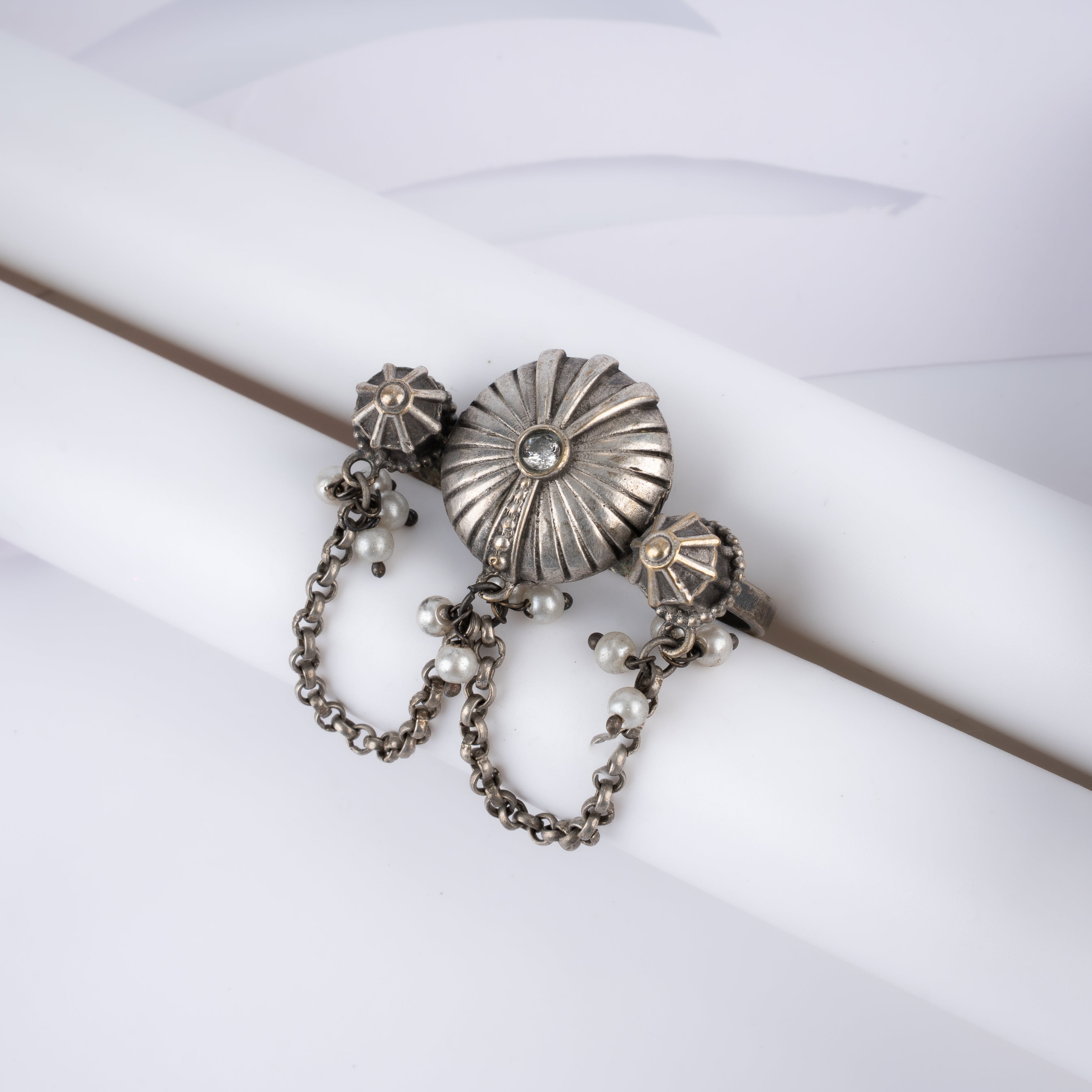 Oxidised Silver Fluted Dome Chain Ring with Pearls