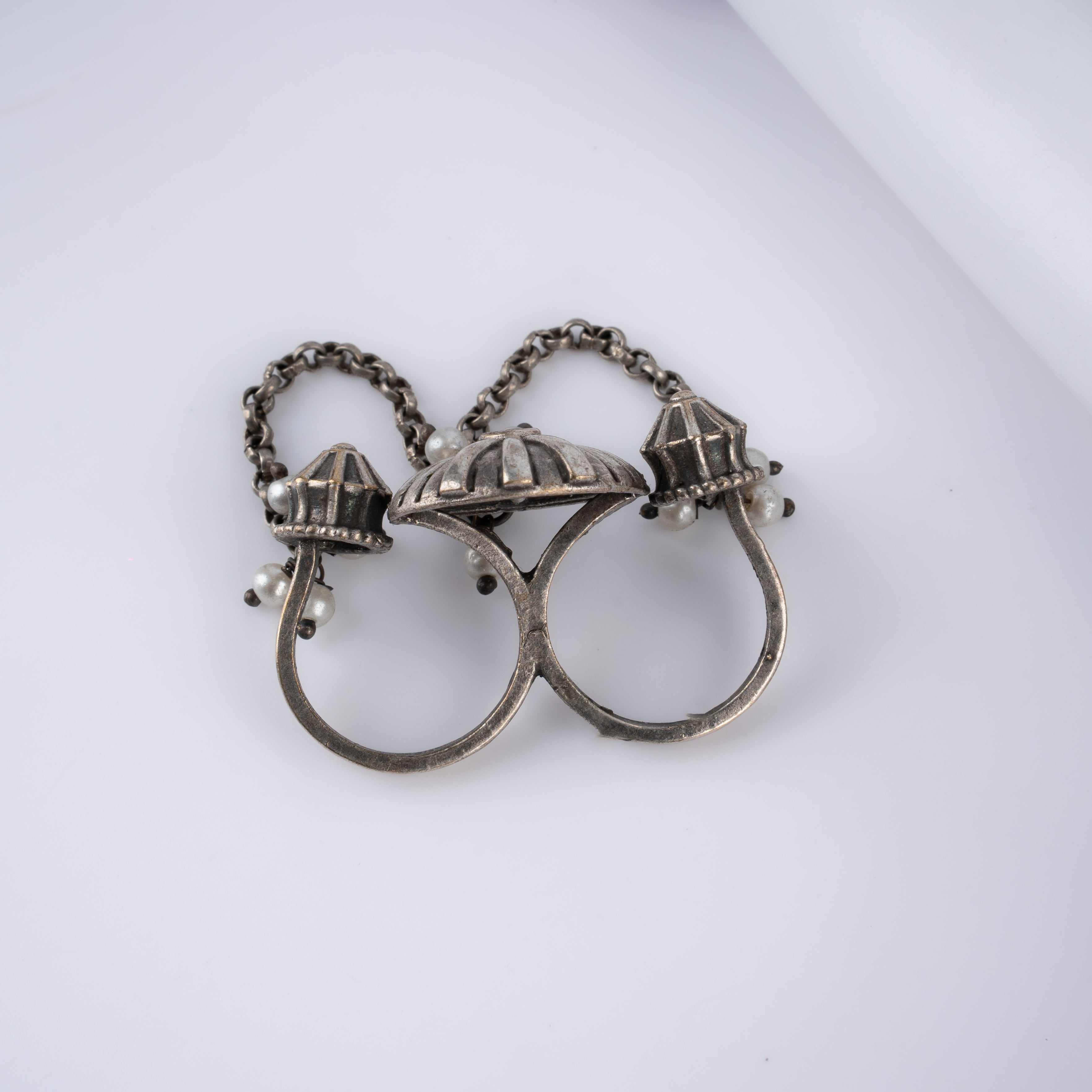 Oxidised Silver Fluted Dome Chain Ring with Pearls