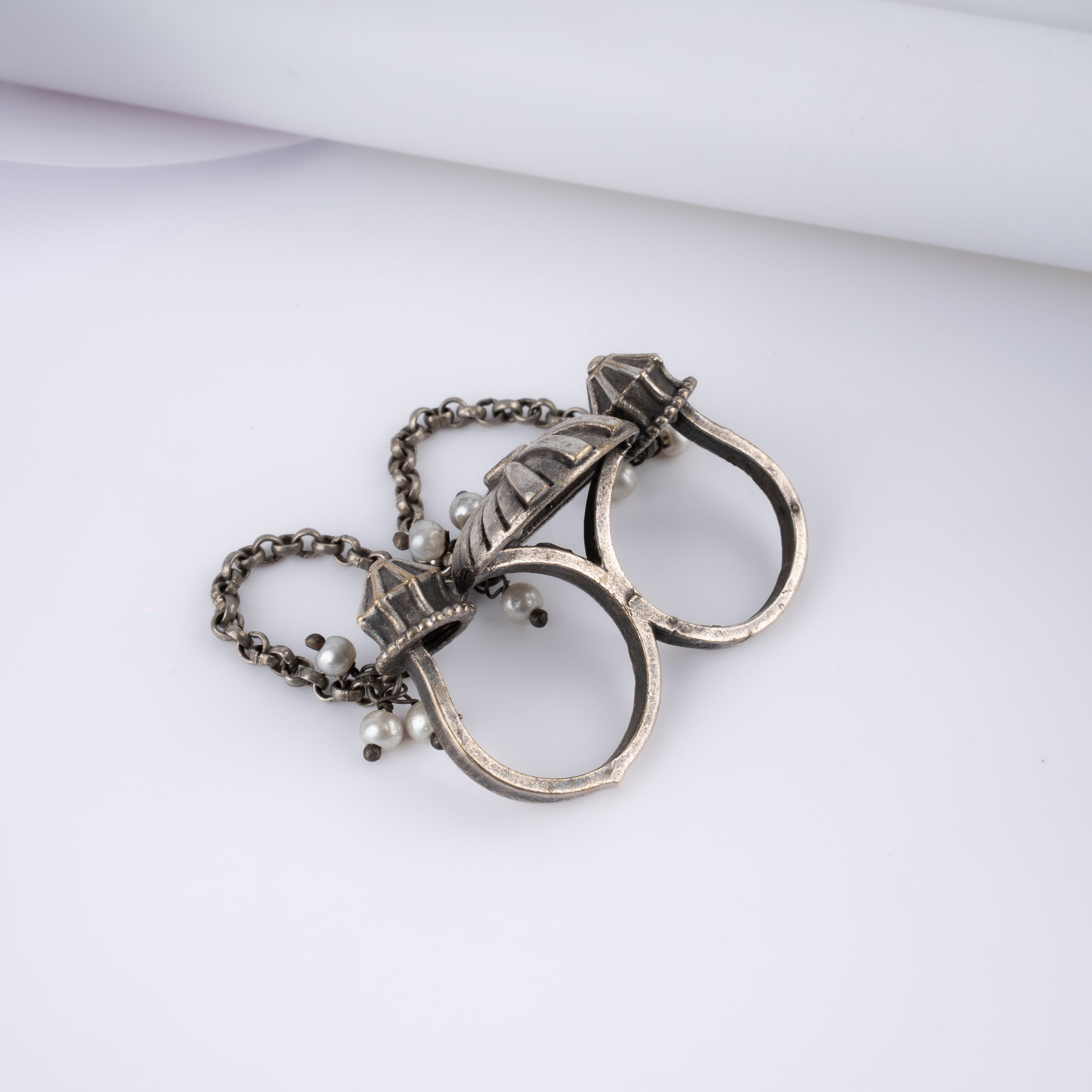 Oxidised Silver Fluted Dome Chain Ring with Pearls