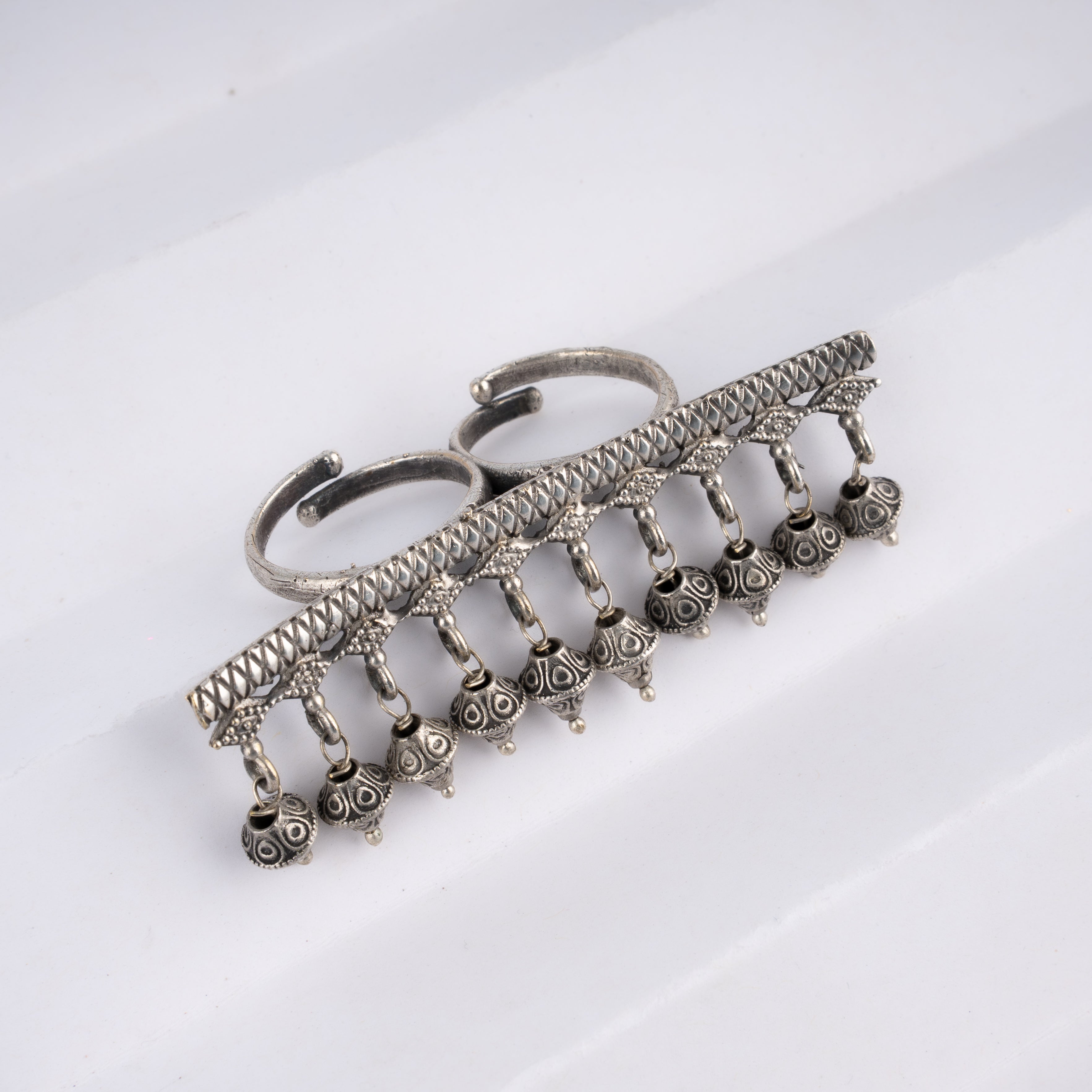 Oxidised Silver Tribal Fringe Two Finger Ghungroo Bar Ring