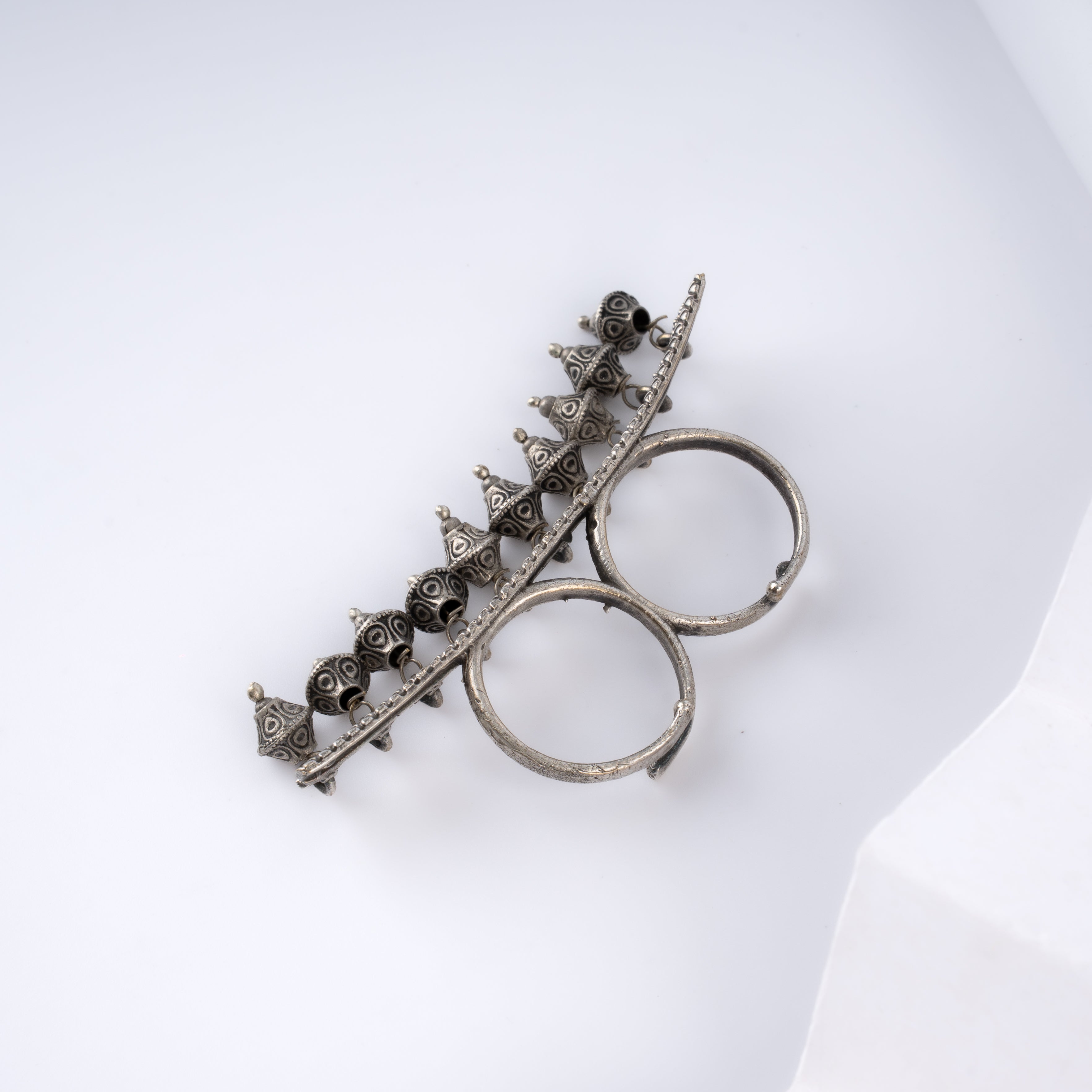 Oxidised Silver Tribal Fringe Two Finger Ghungroo Bar Ring