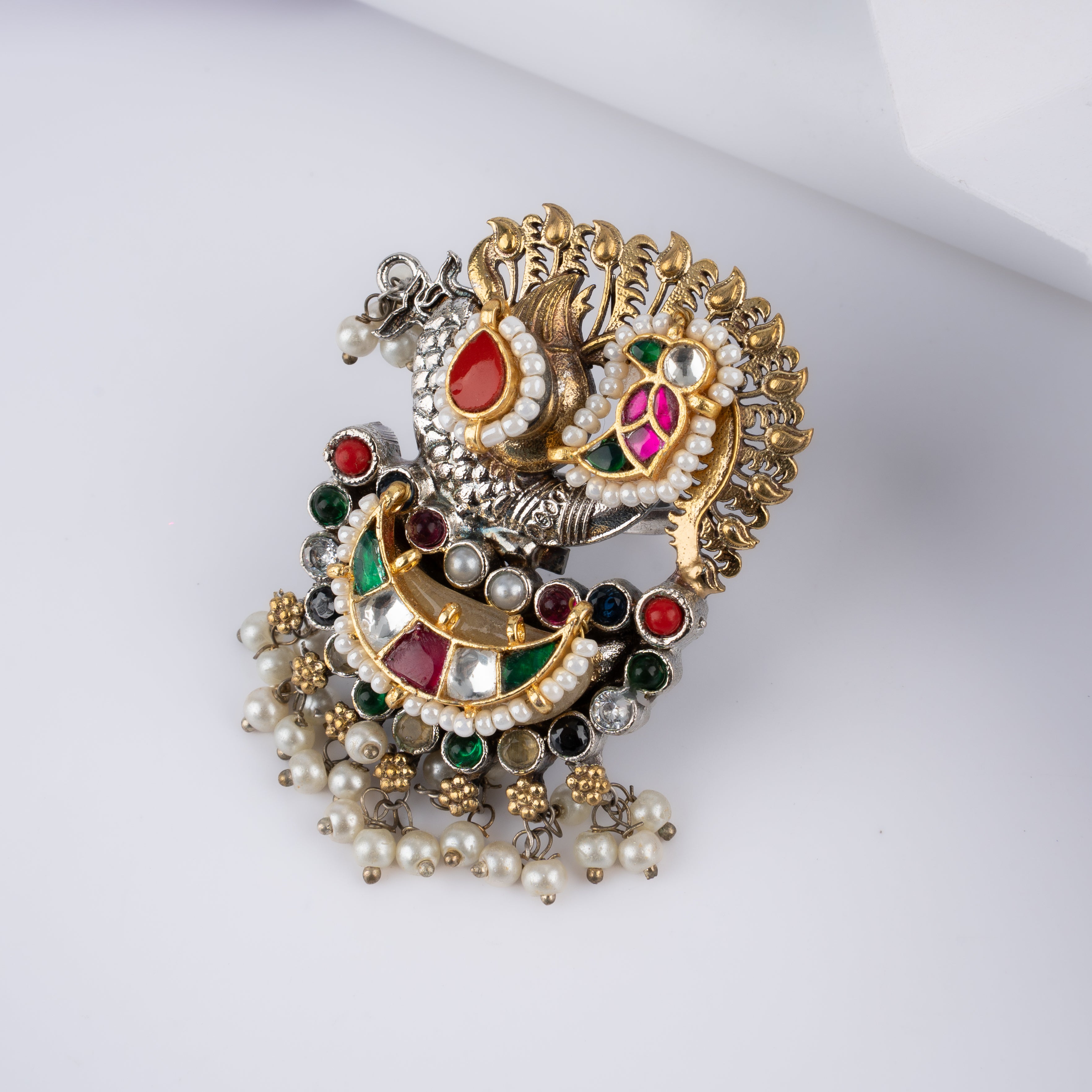 Dual Tone Peacock Chandbali Kundan Pearl Statement Ring