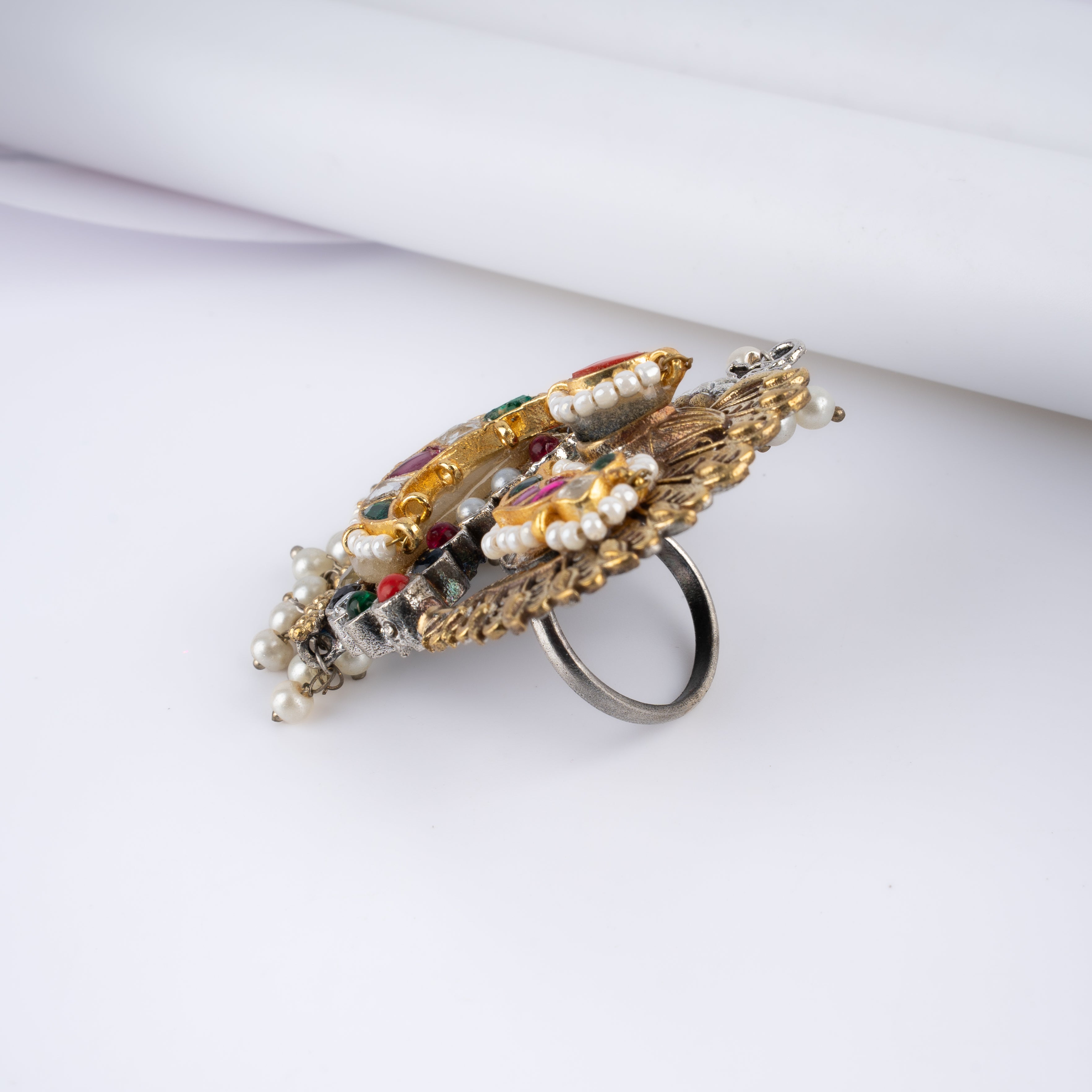 Dual Tone Peacock Chandbali Kundan Pearl Statement Ring
