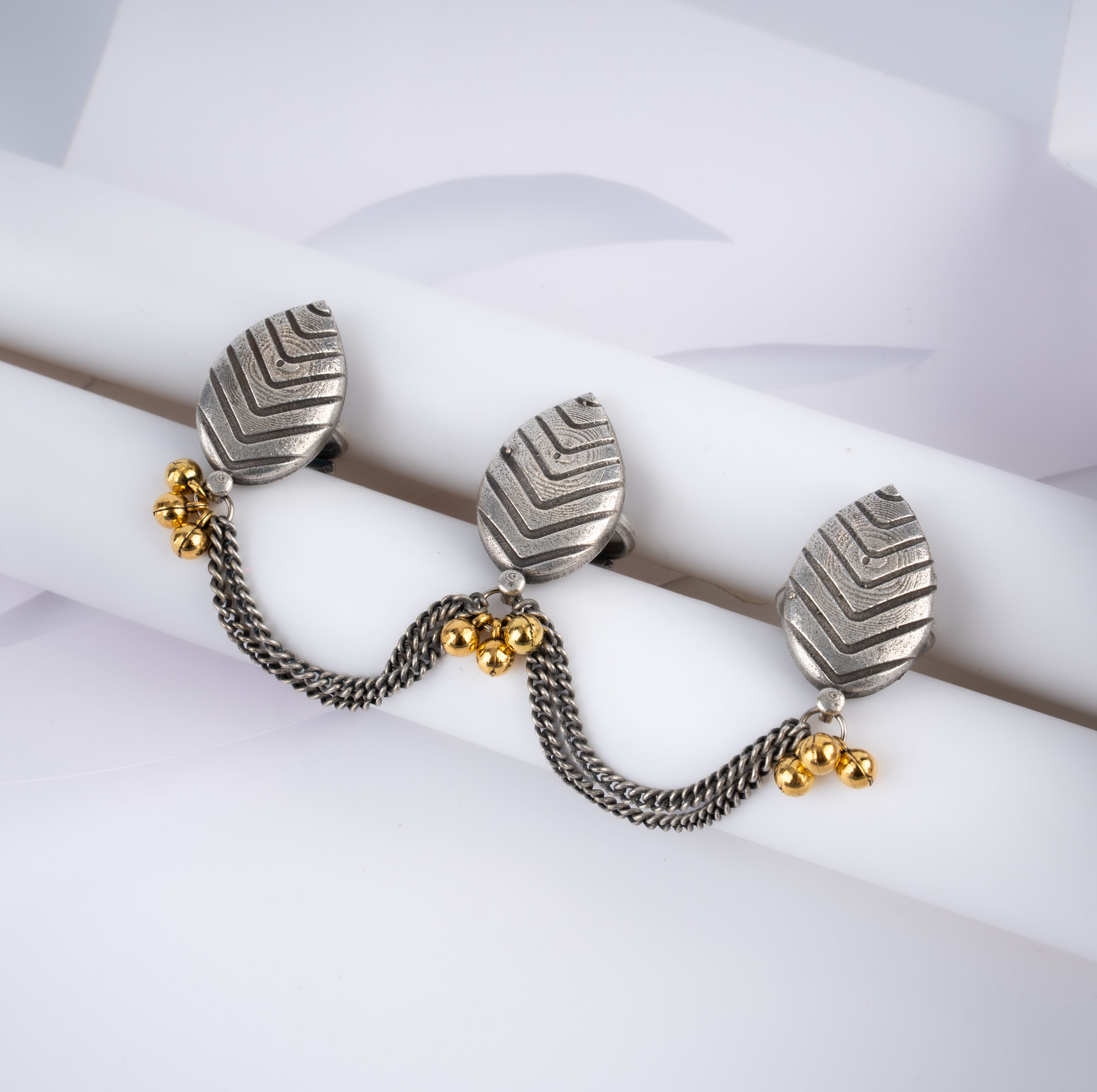 Oxidised Silver Leaf Three Finger Chain Ring with Golden Ghungroo