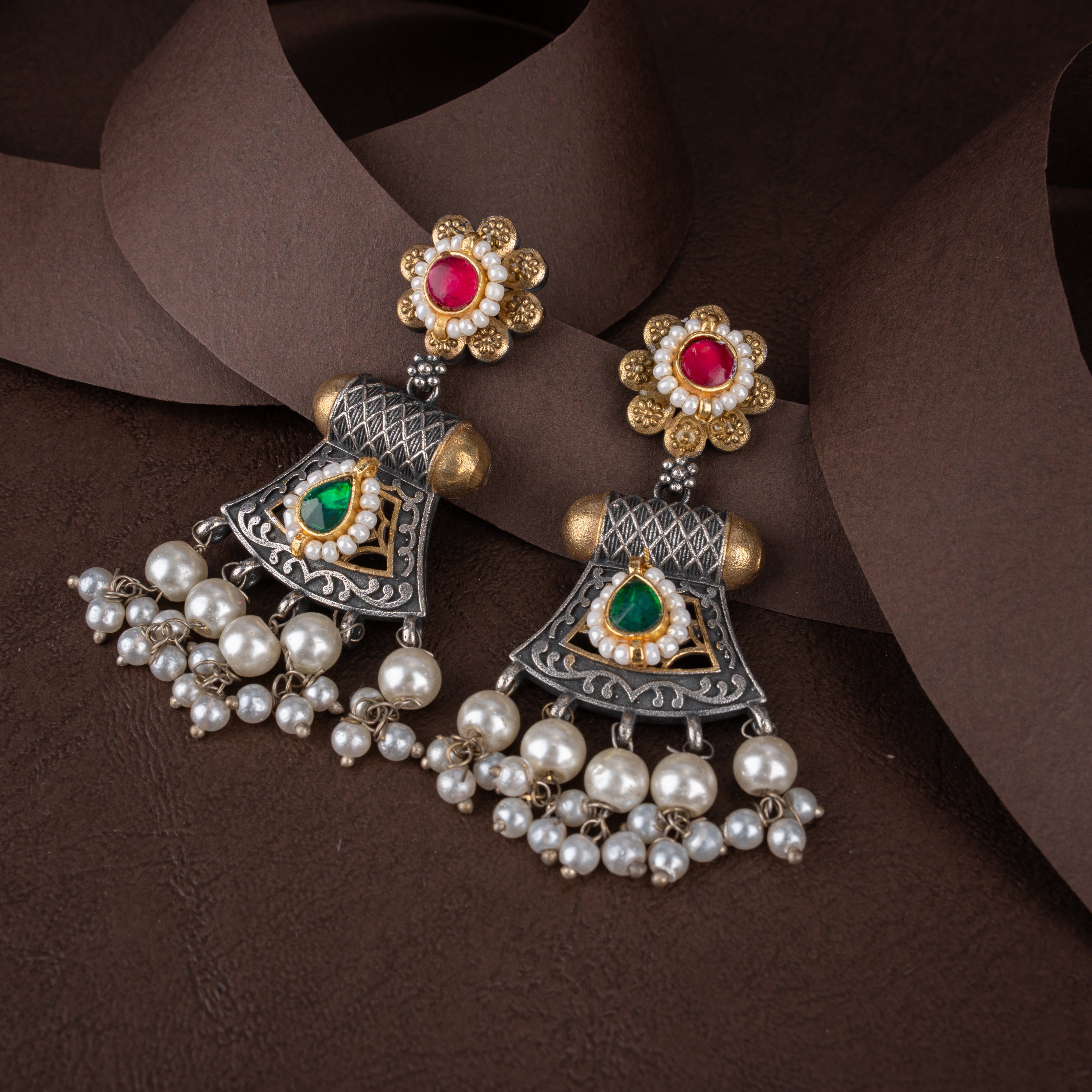 Dual-Tone Oxidised Silver Tribal Trapezoid Pendant Hasli Necklace Set with Pearl Drops