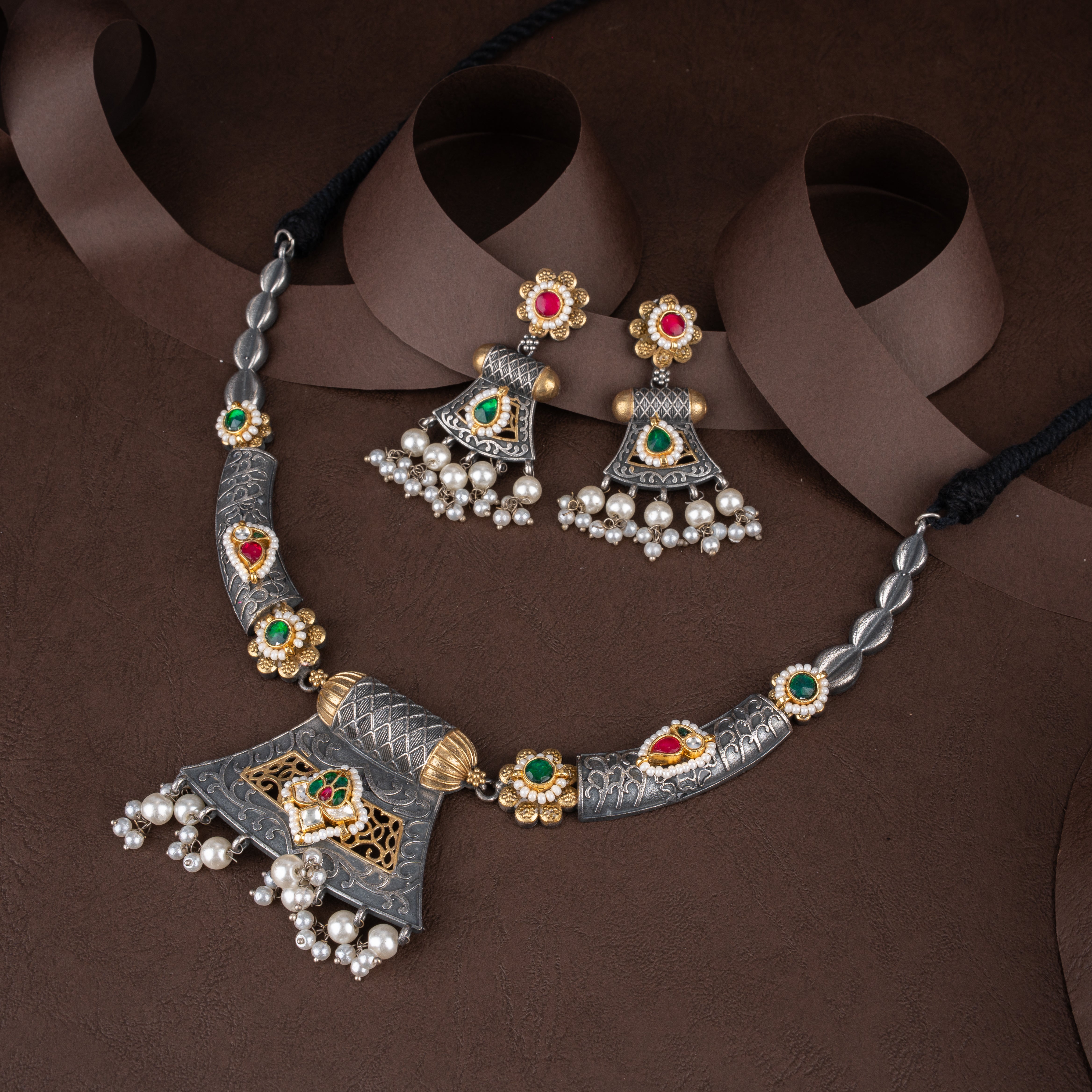 Dual-Tone Oxidised Silver Tribal Trapezoid Pendant Hasli Necklace Set with Pearl Drops
