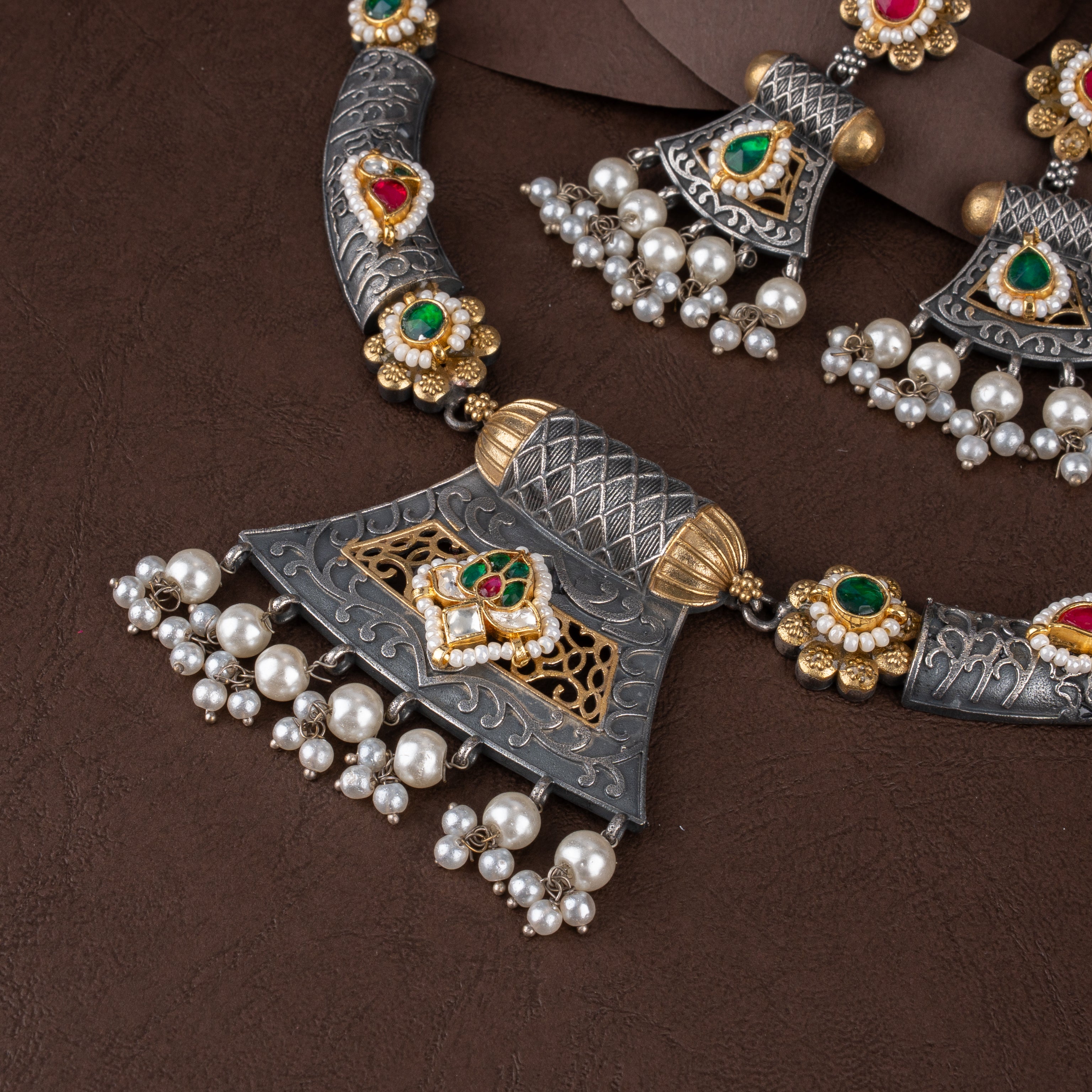 Dual-Tone Oxidised Silver Tribal Trapezoid Pendant Hasli Necklace Set with Pearl Drops