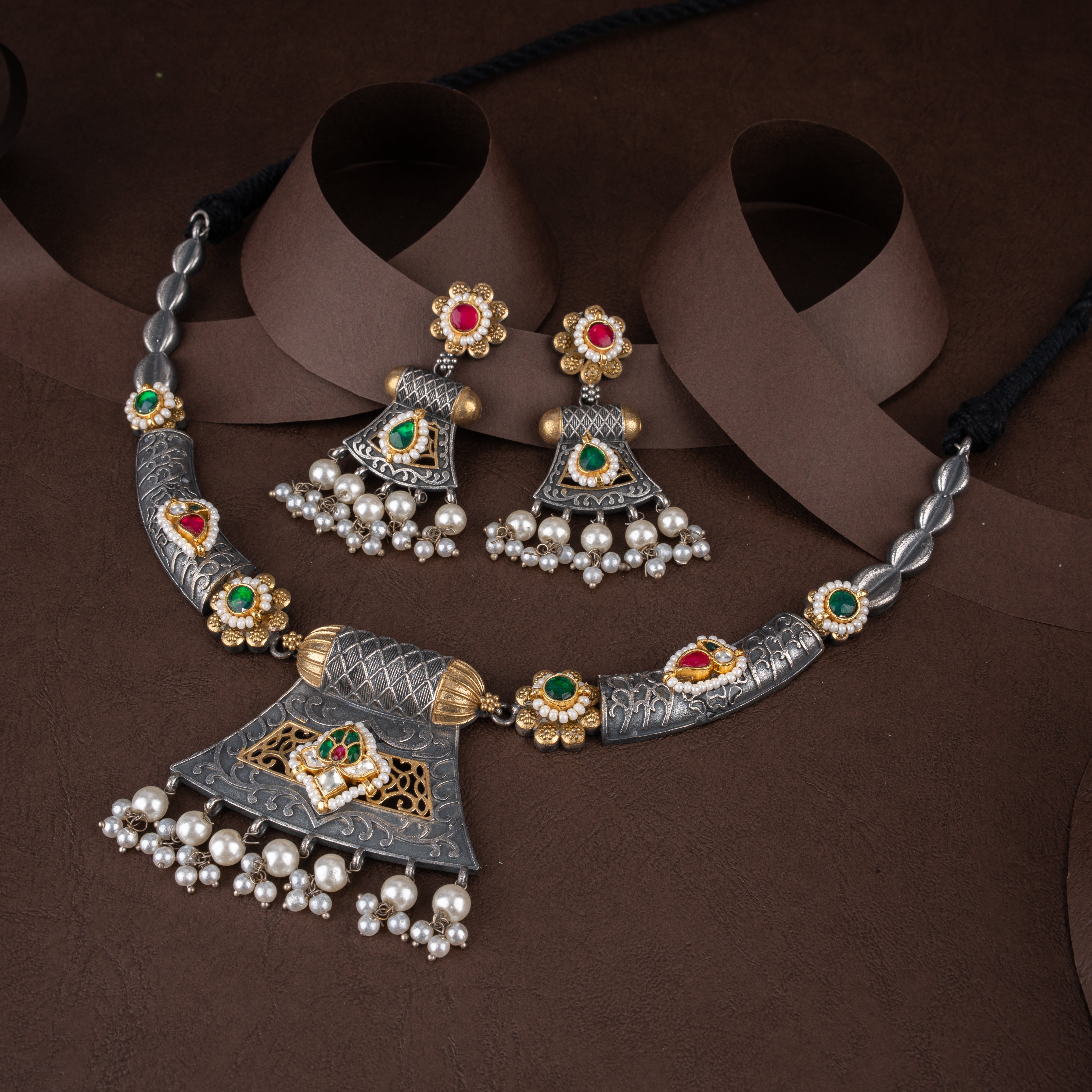Dual-Tone Oxidised Silver Tribal Trapezoid Pendant Hasli Necklace Set with Pearl Drops