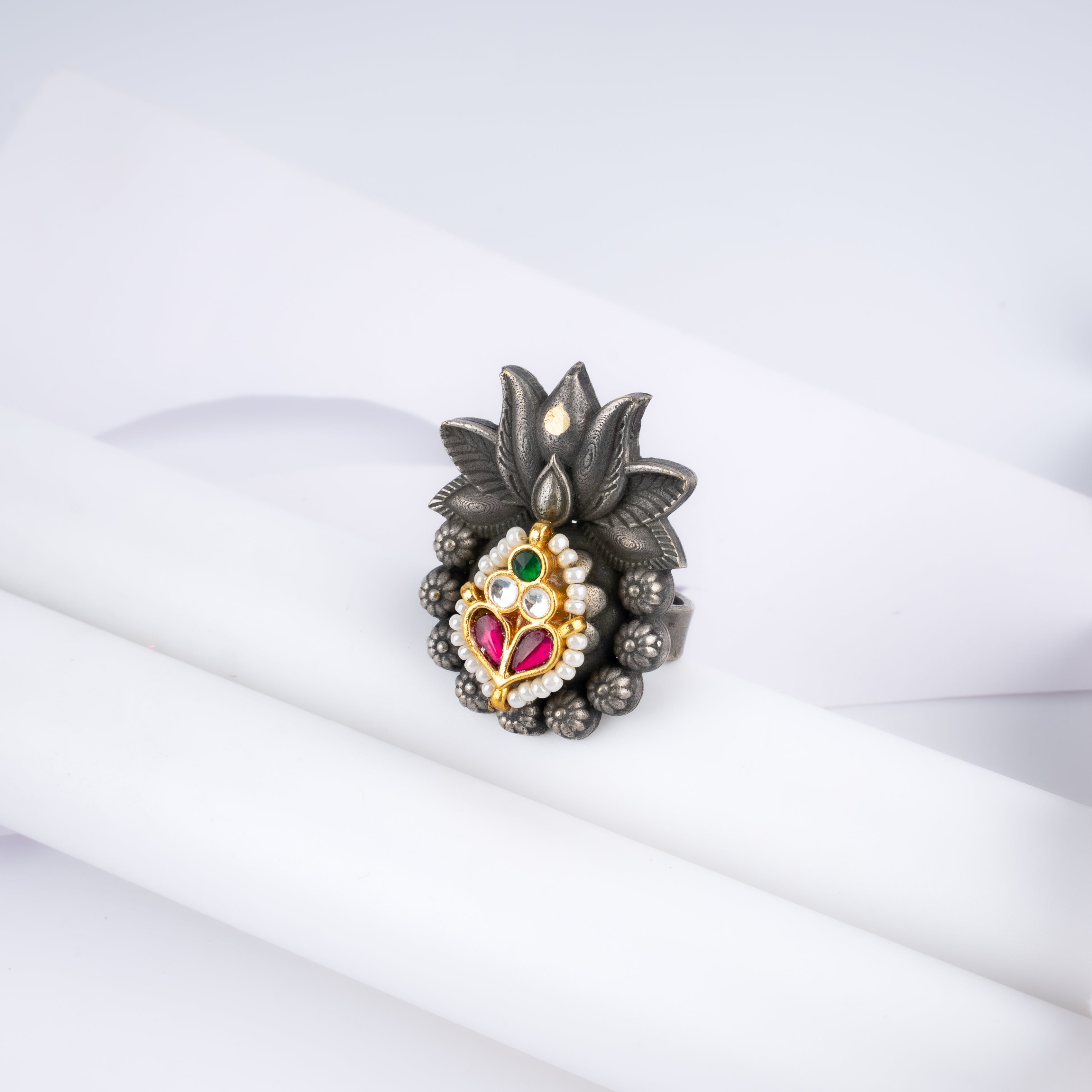 Dual Tone Lotus Kundan Pearl Statement Ring