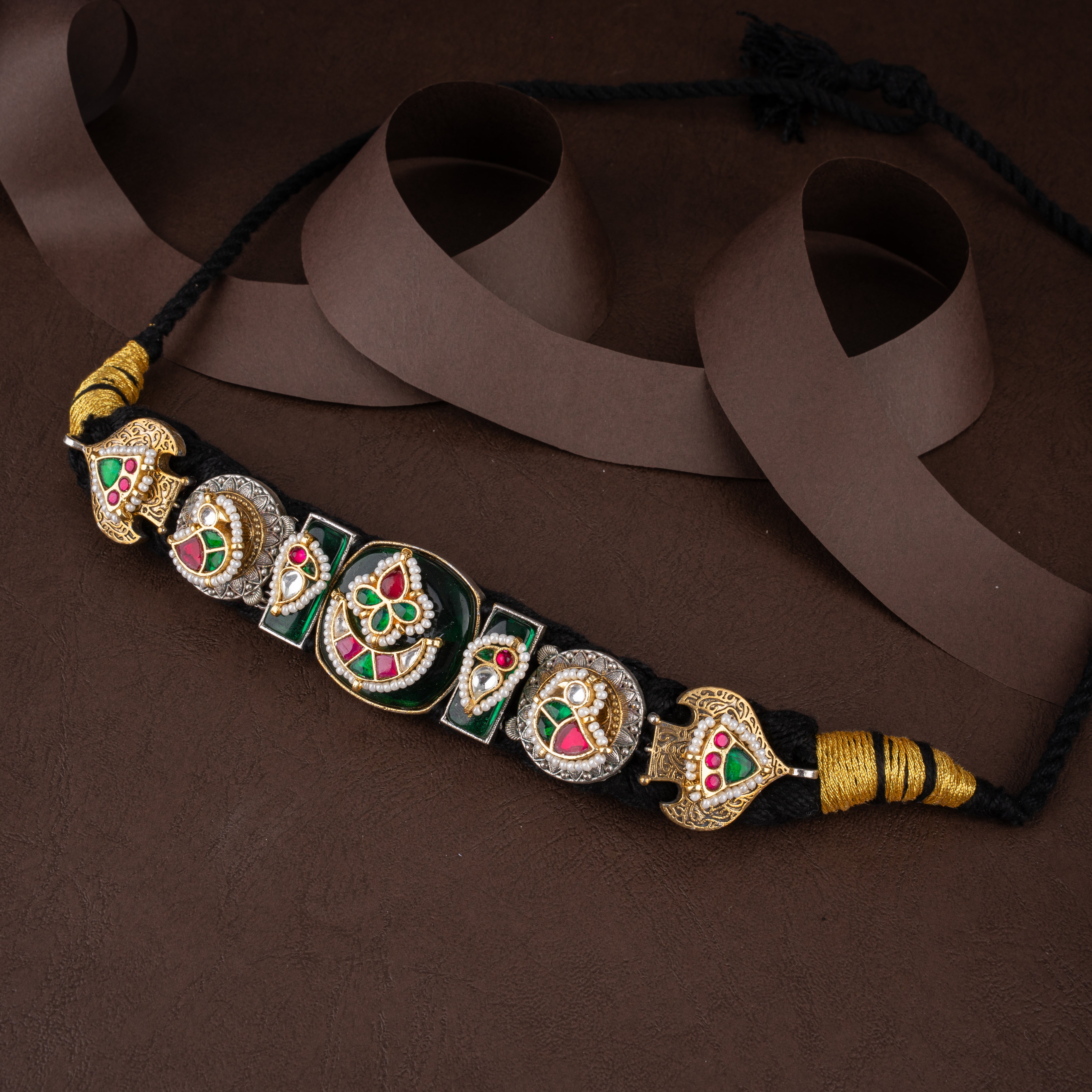 Dual-Tone Oxidised Silver Tribal Fabric Choker Necklace Set with Drop Earrings