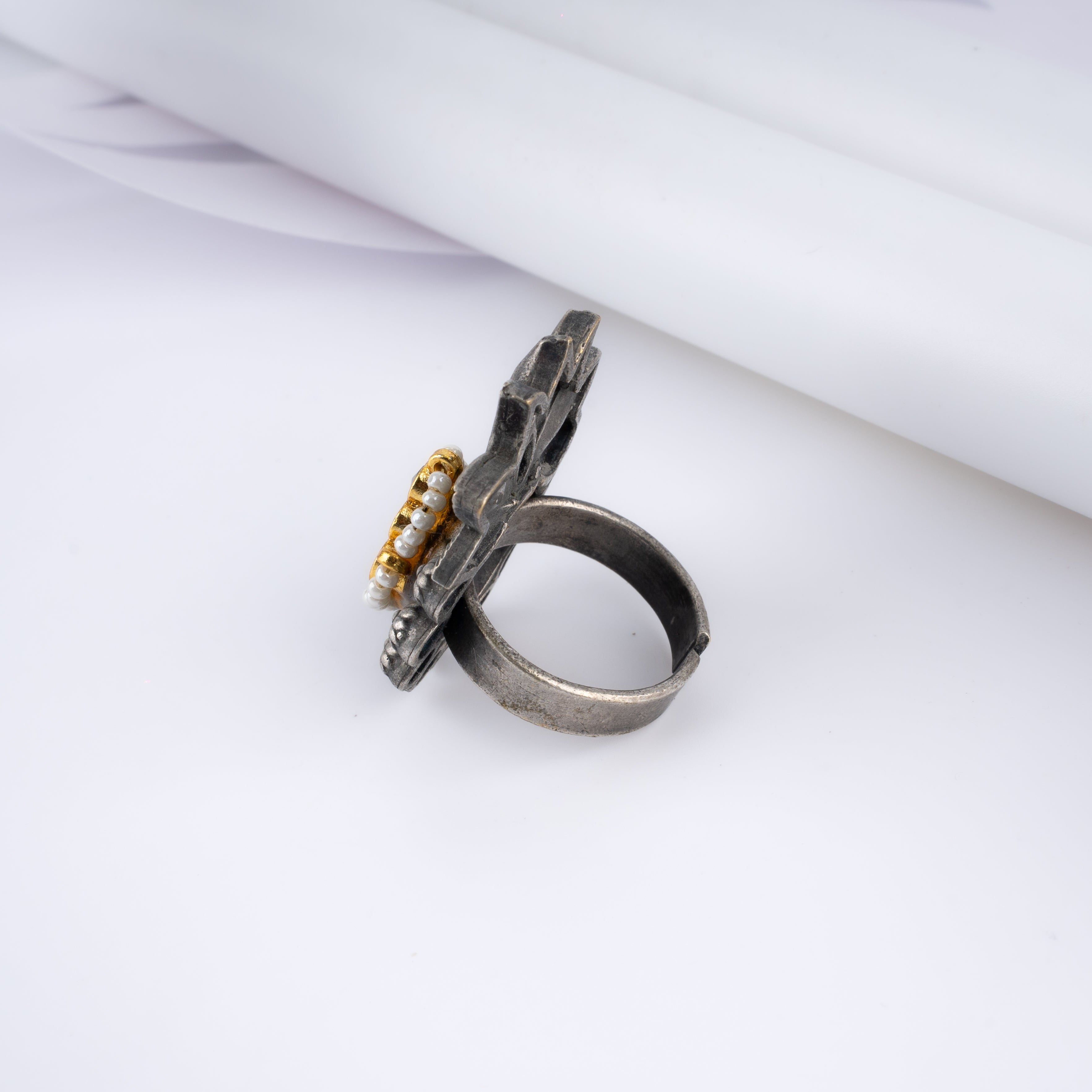 Dual Tone Lotus Kundan Pearl Statement Ring