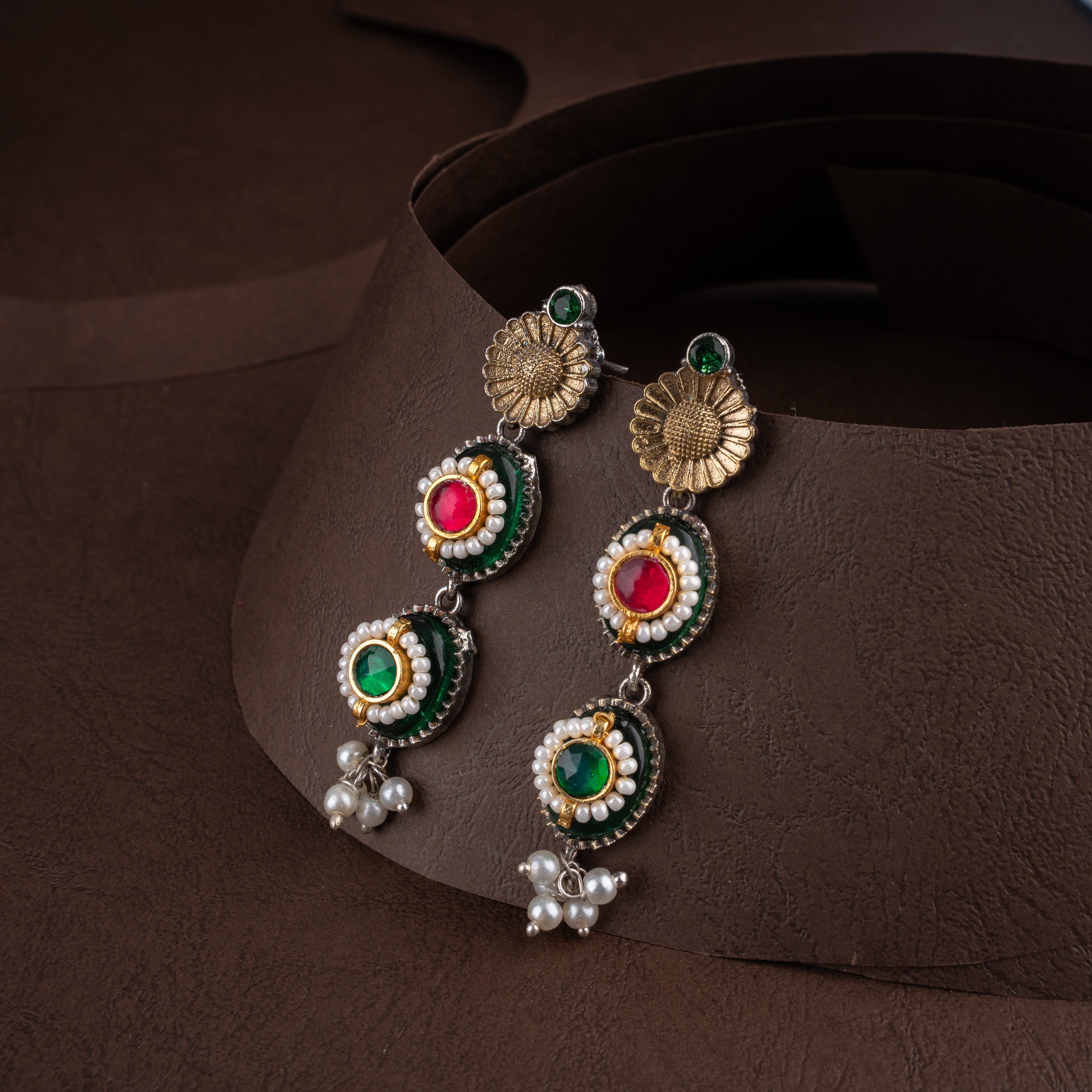 Dual-Tone Oxidised Silver Tribal Fabric Choker Necklace Set with Drop Earrings
