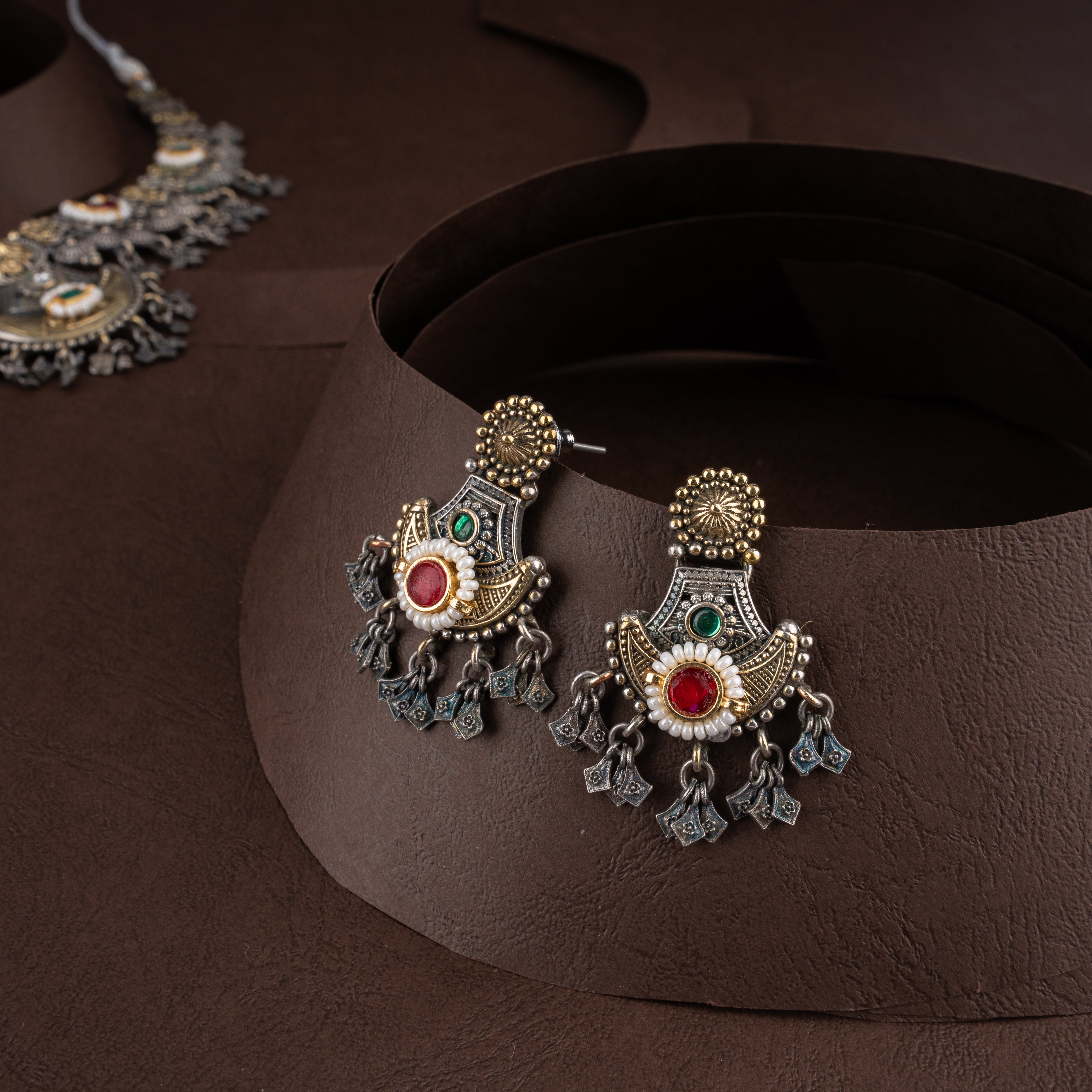 Vintage Banjara Crescent Medallion Collar Necklace Set with Tassel Charms