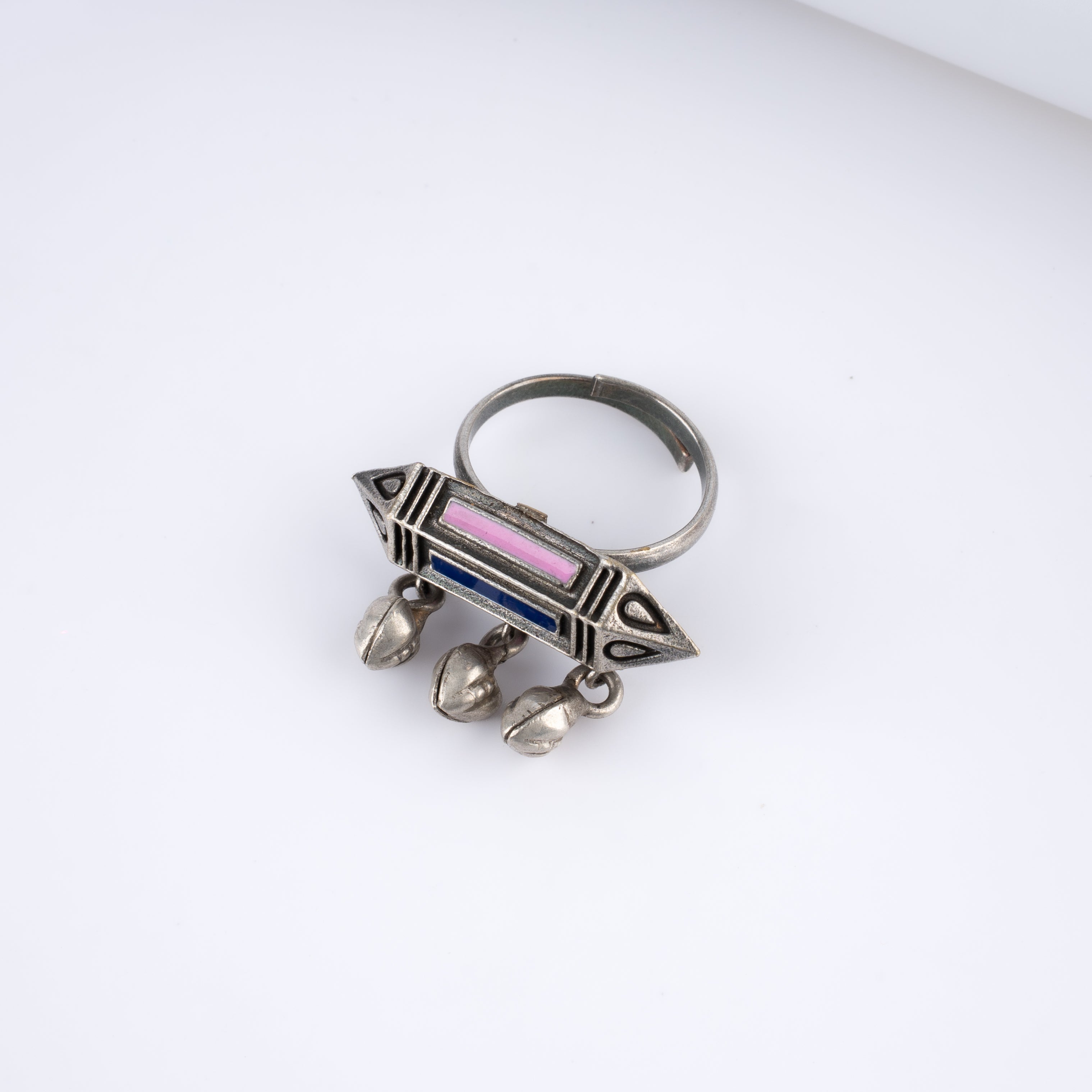 Oxidised Silver Meenakari Ghungroo Finger Ring