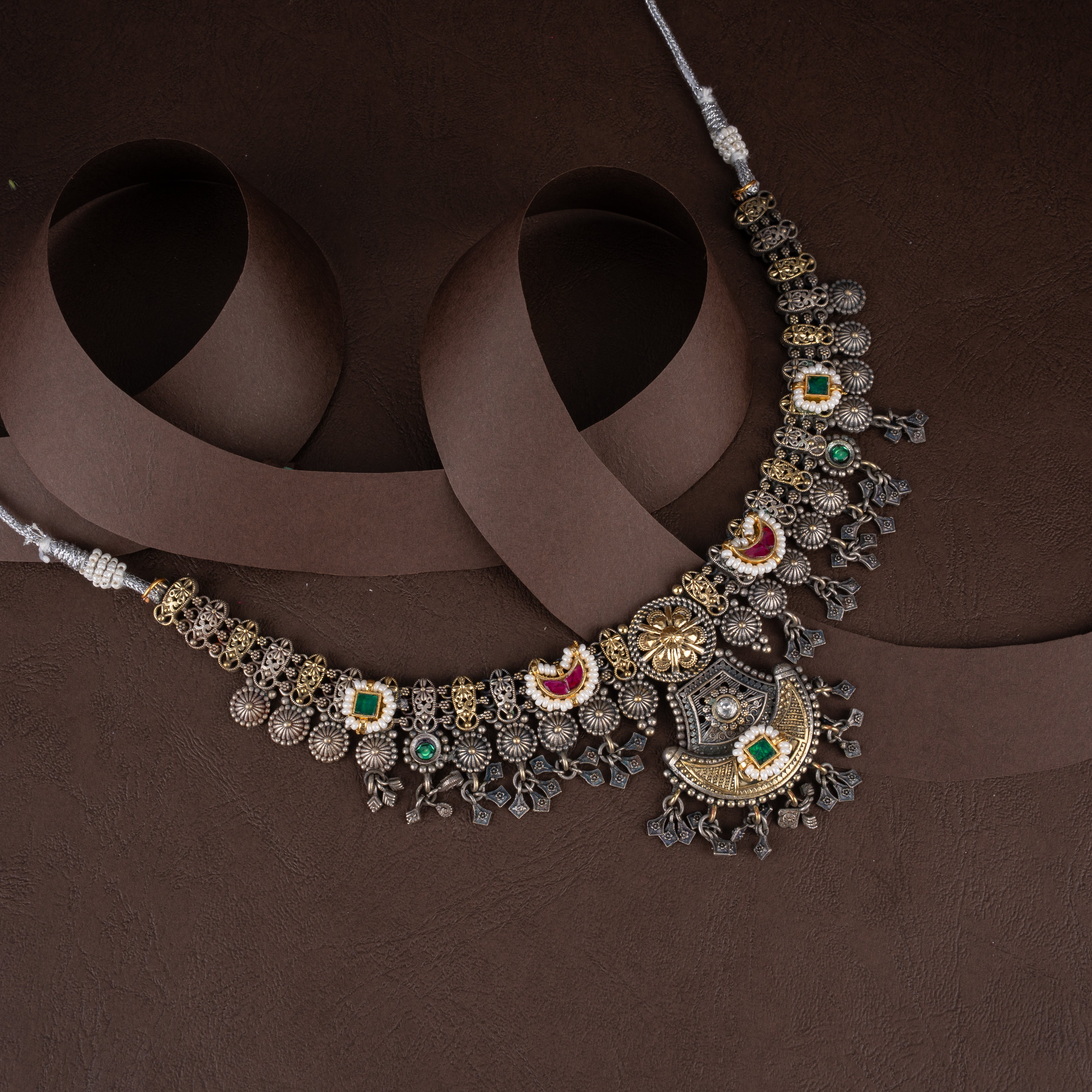 Vintage Banjara Crescent Medallion Collar Necklace Set with Tassel Charms
