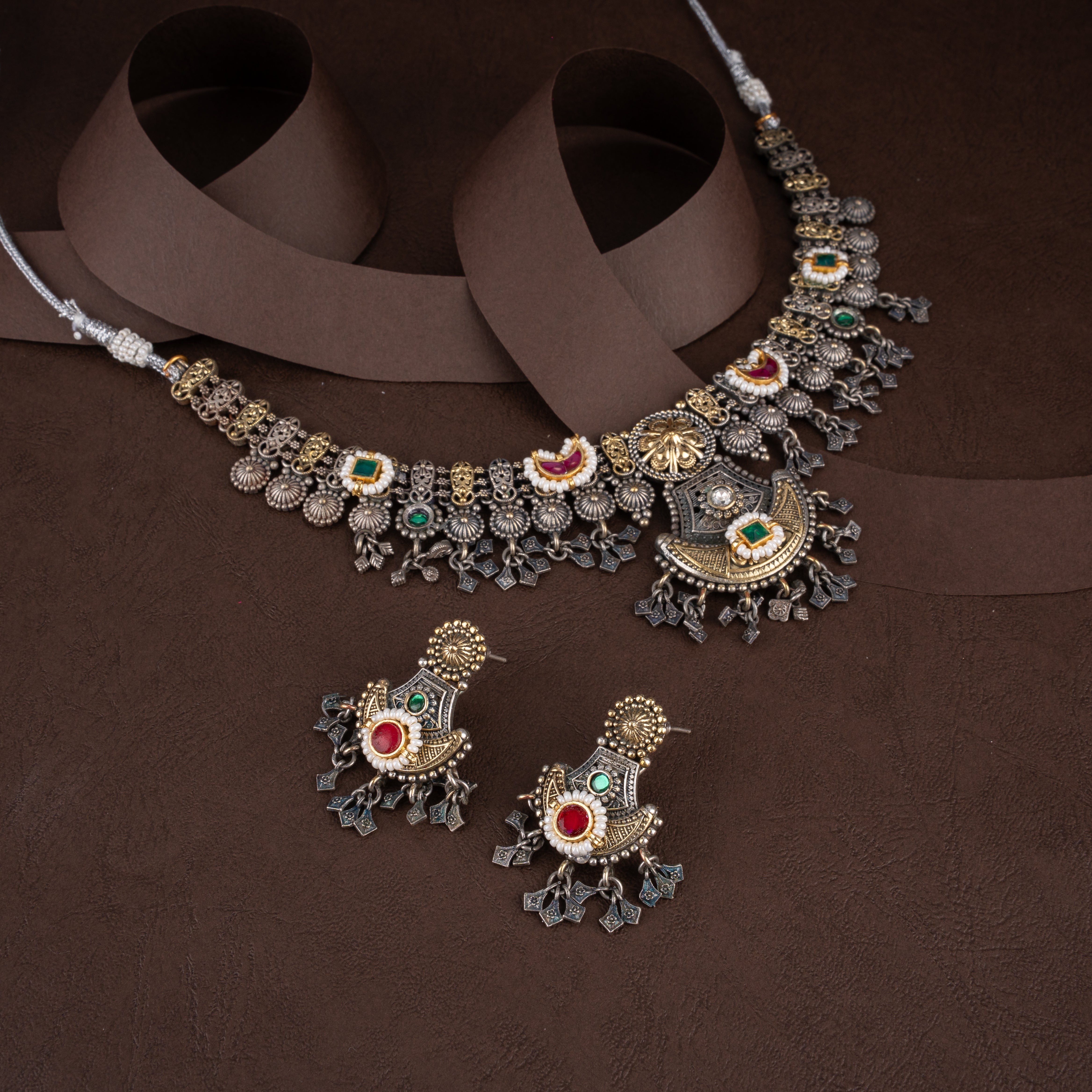 Vintage Banjara Crescent Medallion Collar Necklace Set with Tassel Charms