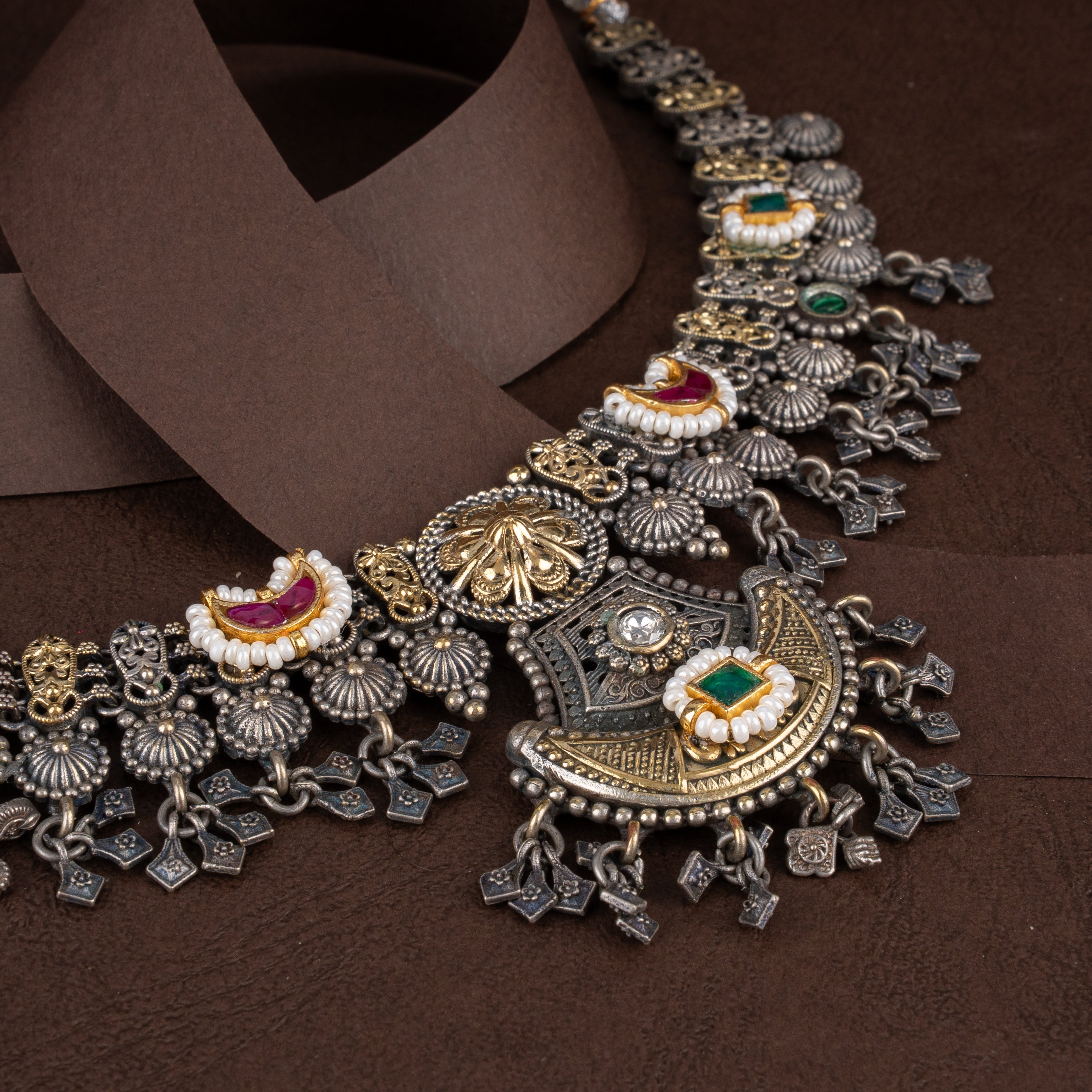 Vintage Banjara Crescent Medallion Collar Necklace Set with Tassel Charms
